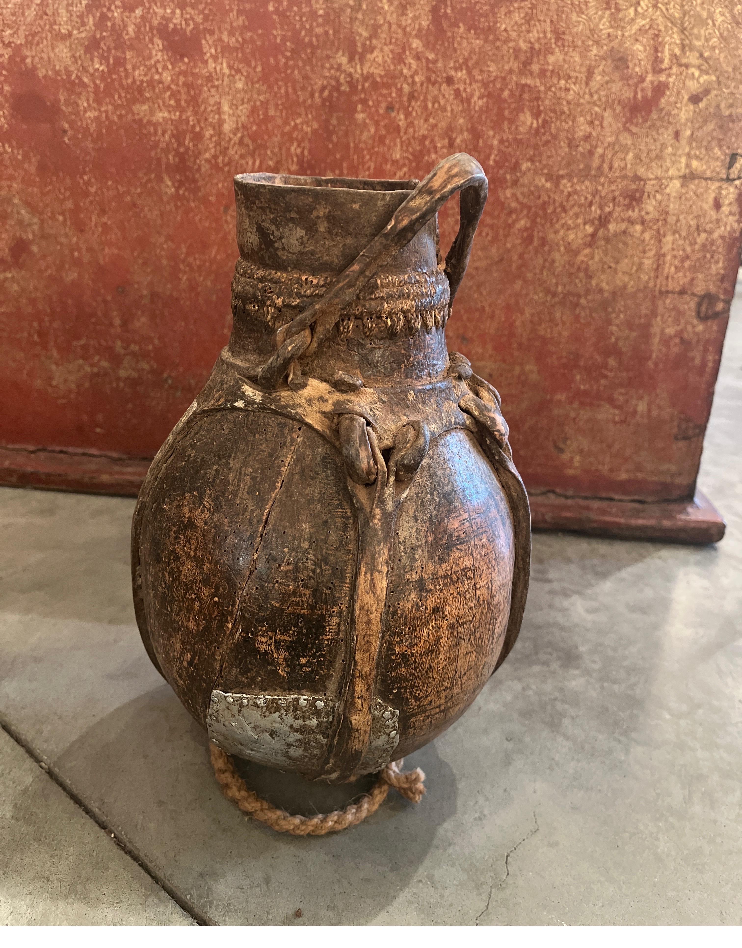 Old Weathered  Wood And Leather Container With Metal Repair From Africa For Sale 10