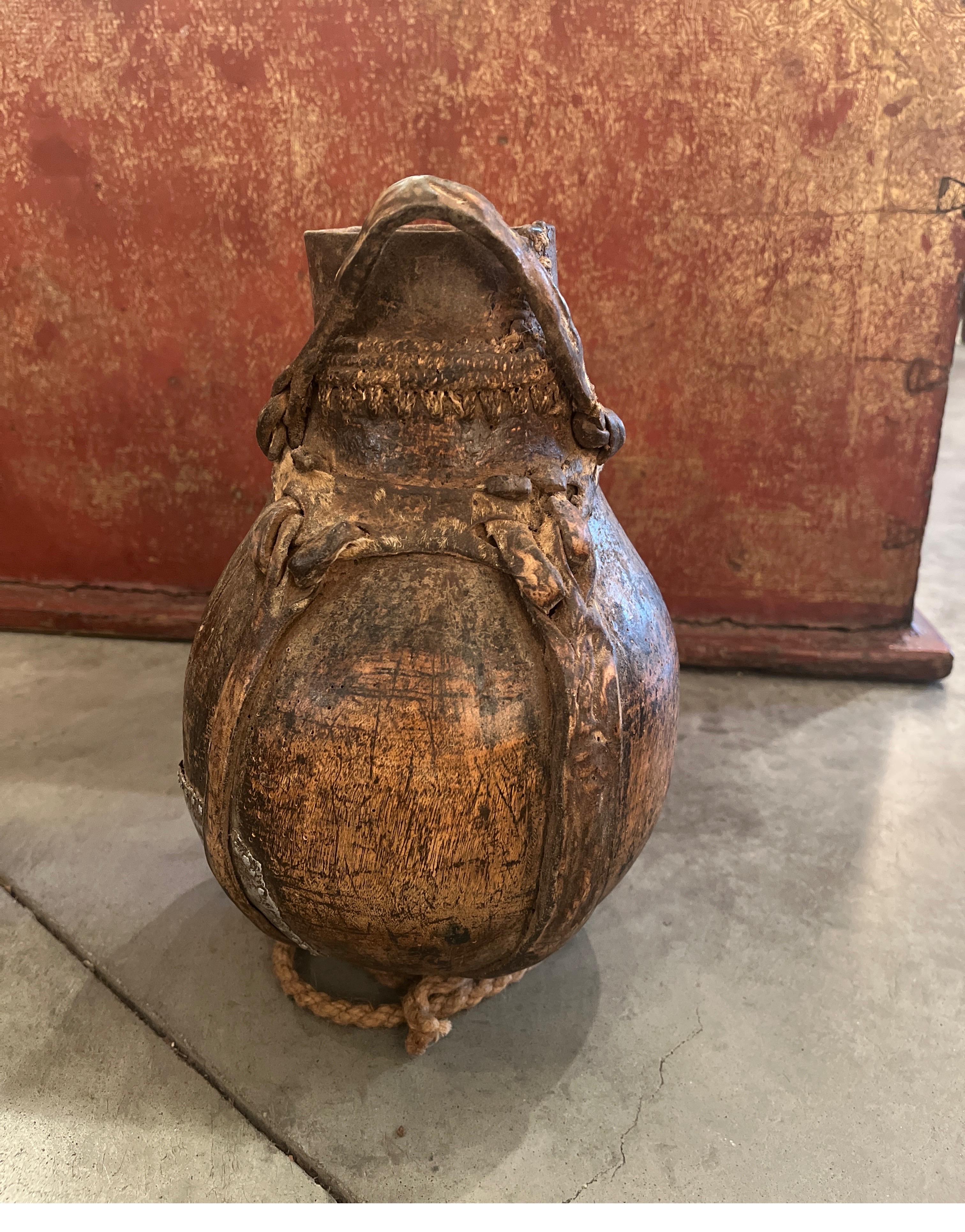 Old Weathered  Wood And Leather Container With Metal Repair From Africa For Sale 13