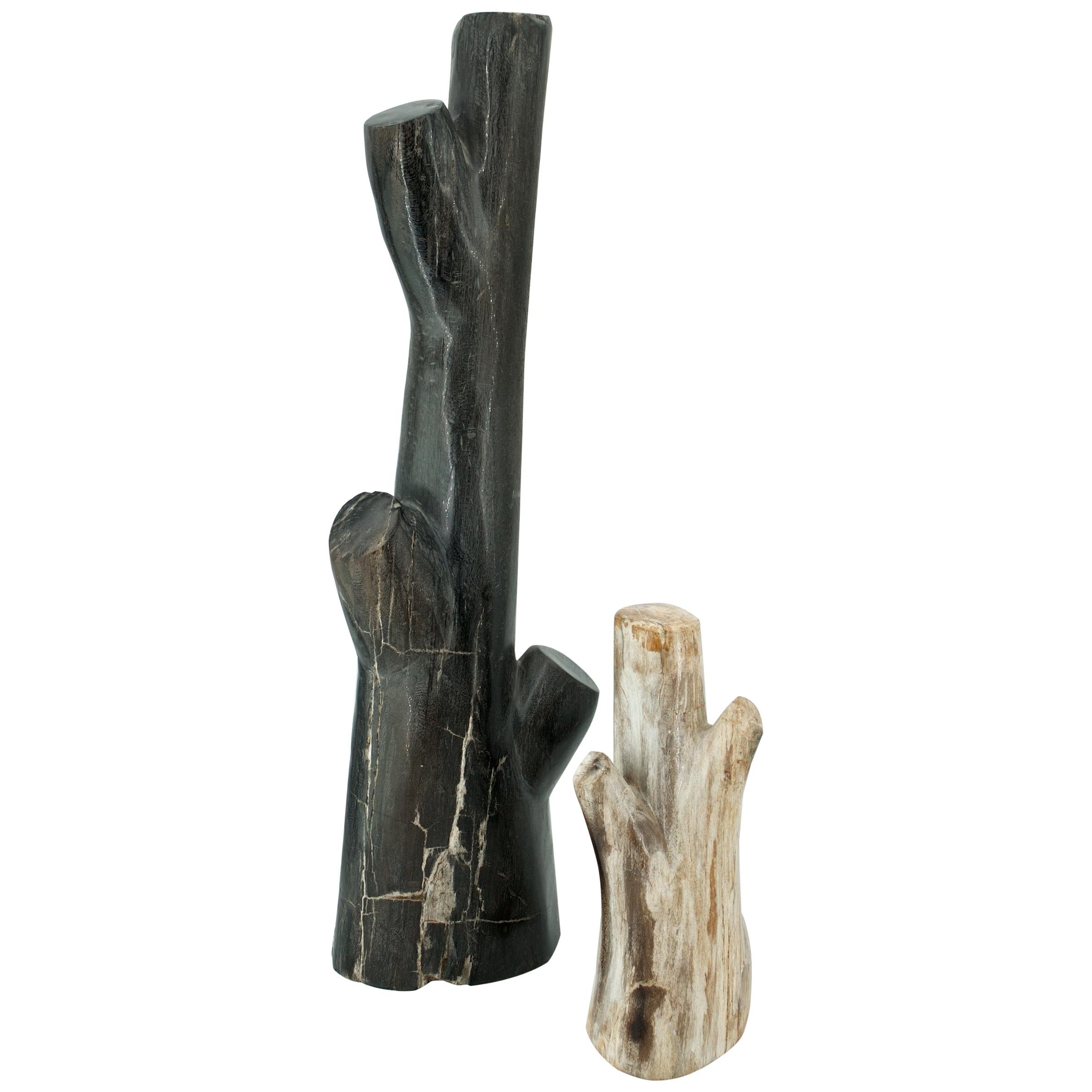 Old West Carved Petrified Wood Tree Log Stone Sculptures American Studio Craft For Sale
