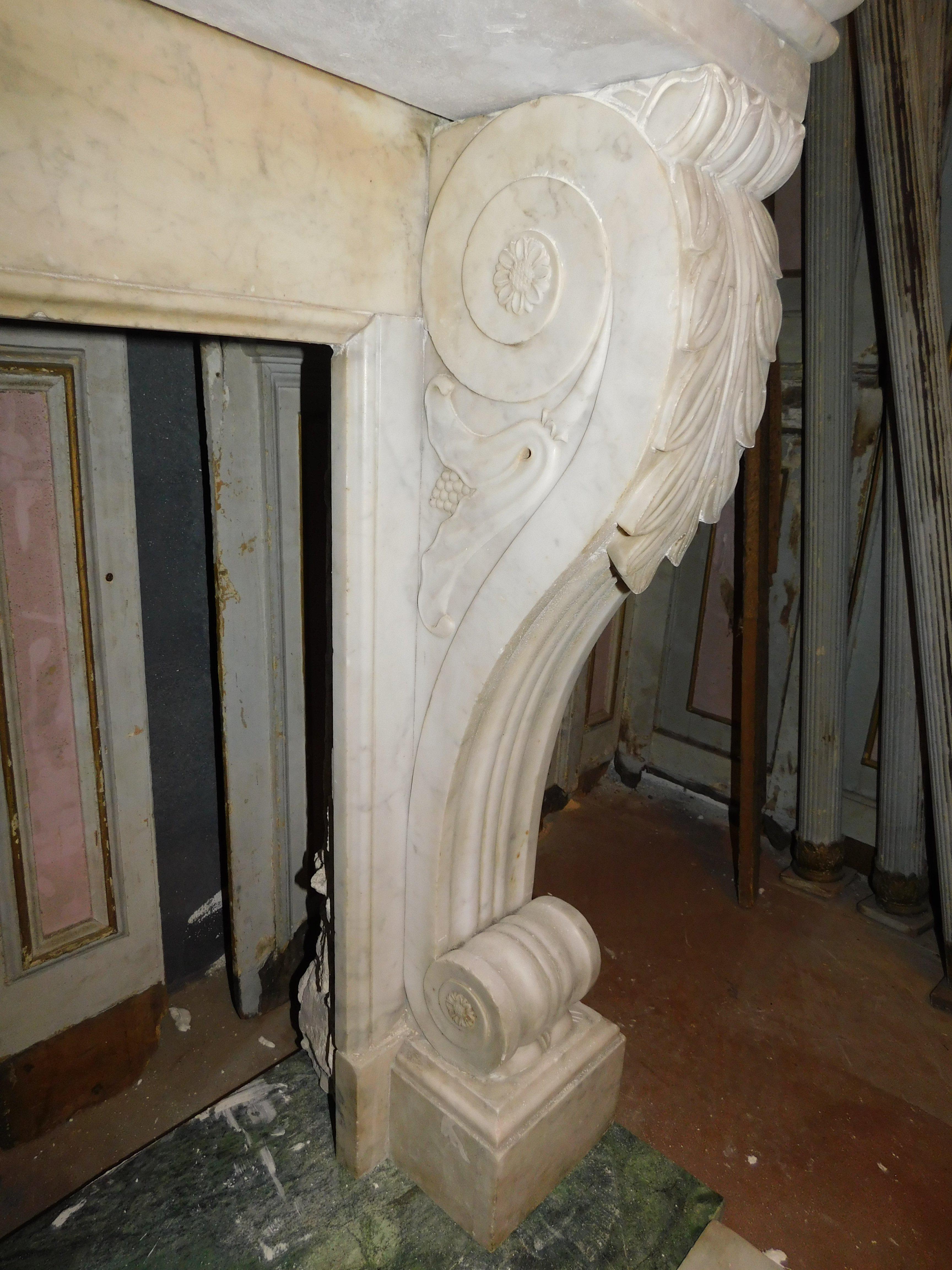 old White Carrara marble mantle fireplace with sculpted legs, France For Sale 4