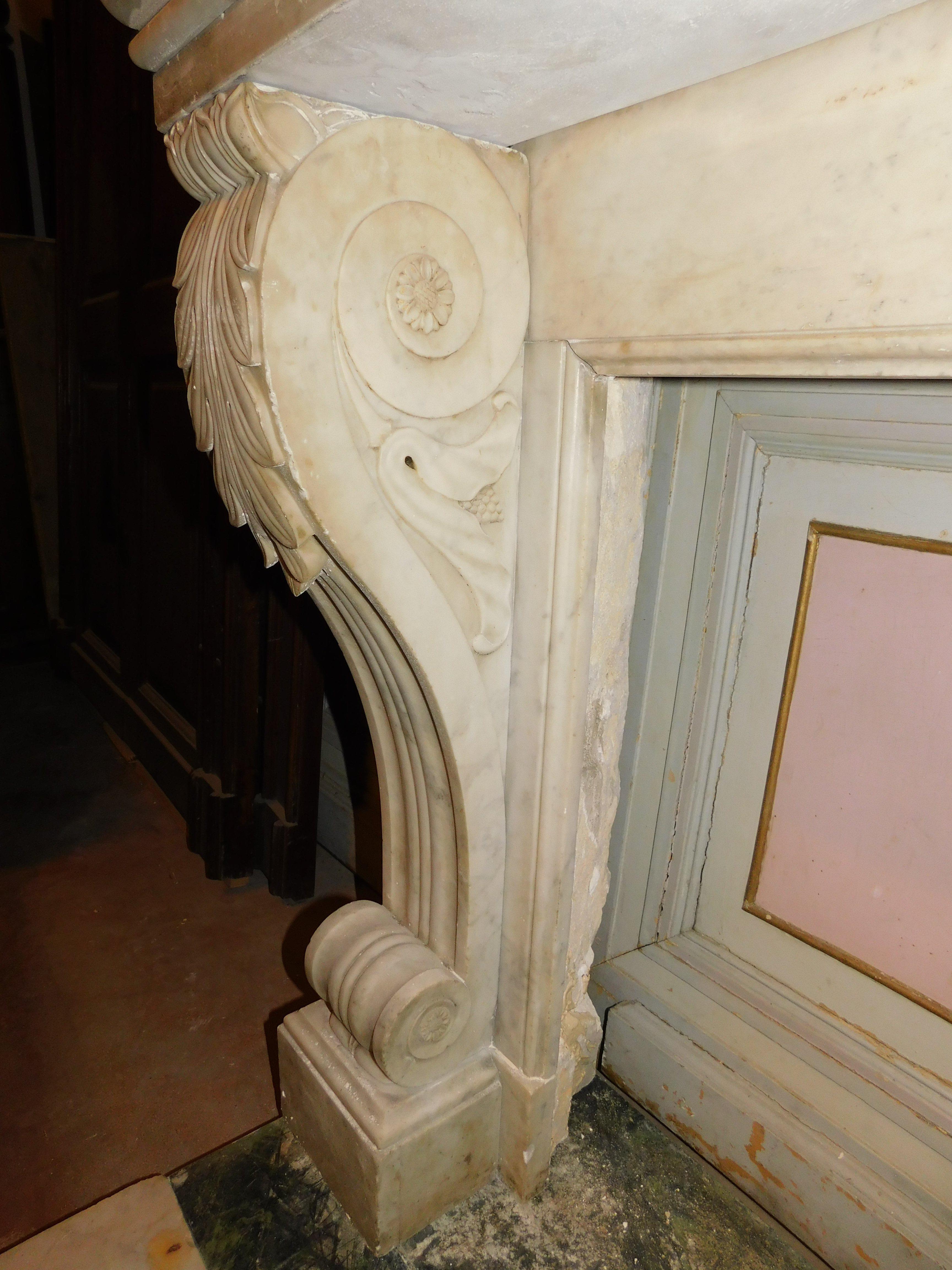 old White Carrara marble mantle fireplace with sculpted legs, France For Sale 5