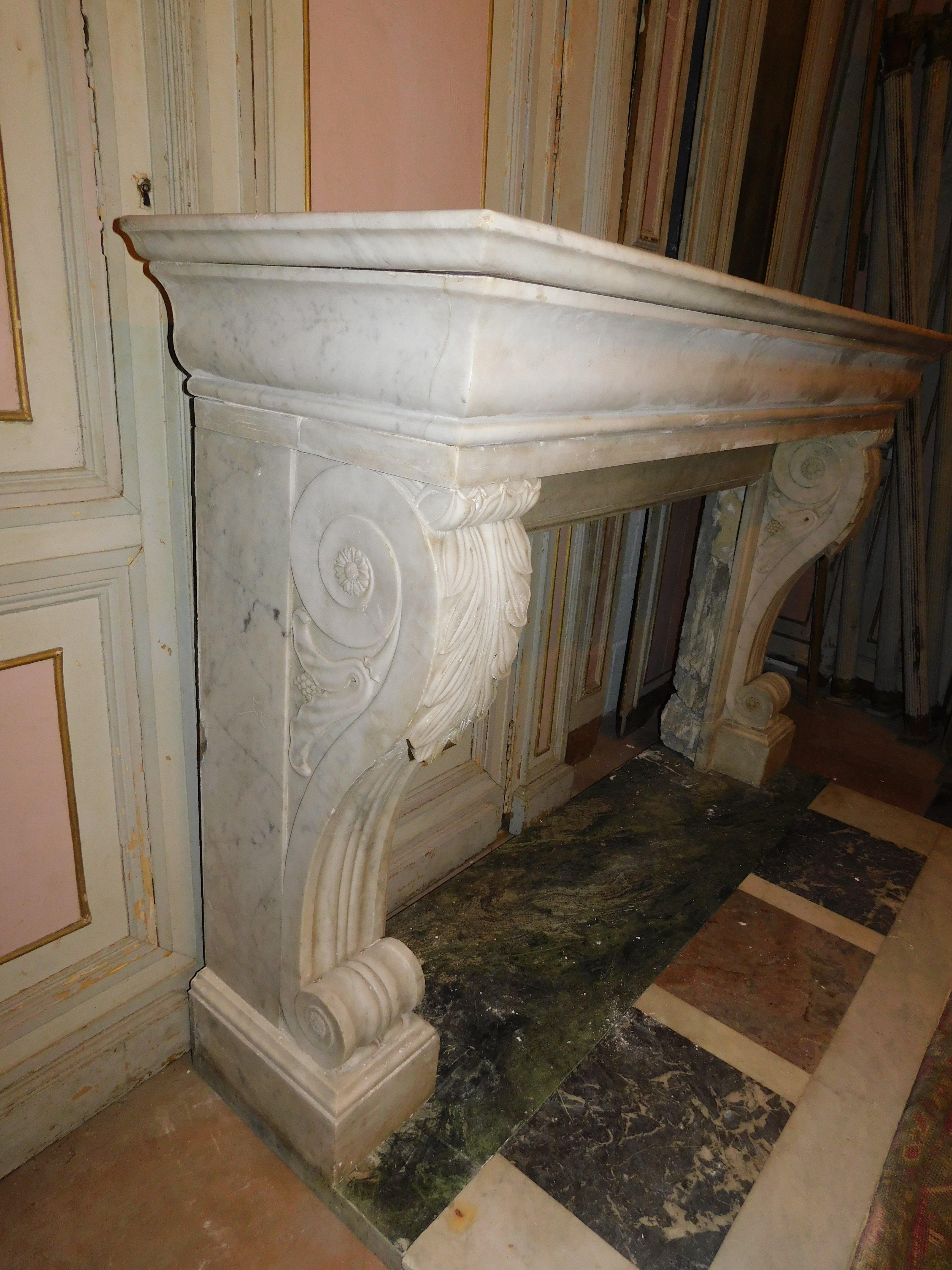 old White Carrara marble mantle fireplace with sculpted legs, France For Sale 6