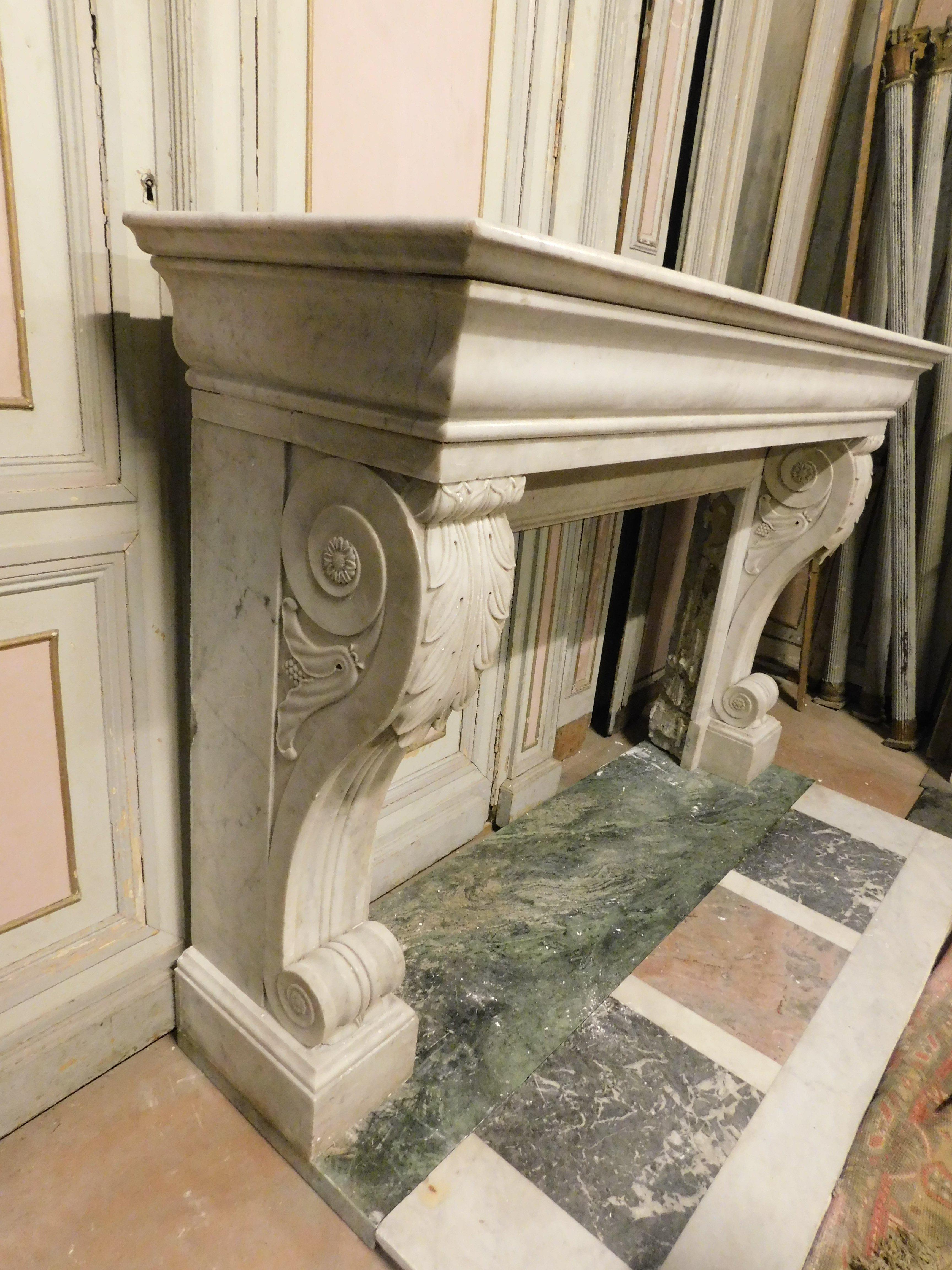 old White Carrara marble mantle fireplace with sculpted legs, France For Sale 7