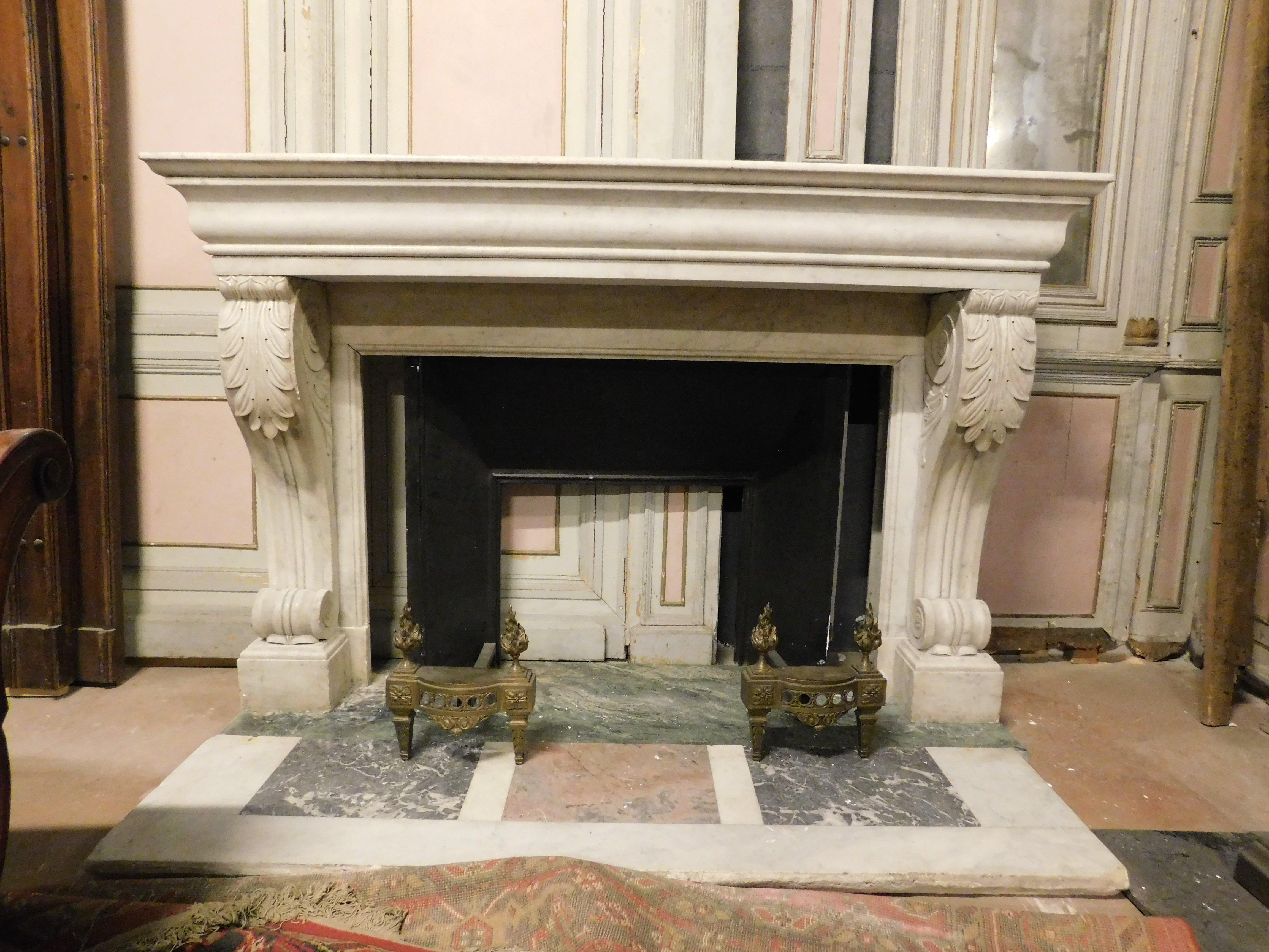 old White Carrara marble mantle fireplace with sculpted legs, France For Sale 9