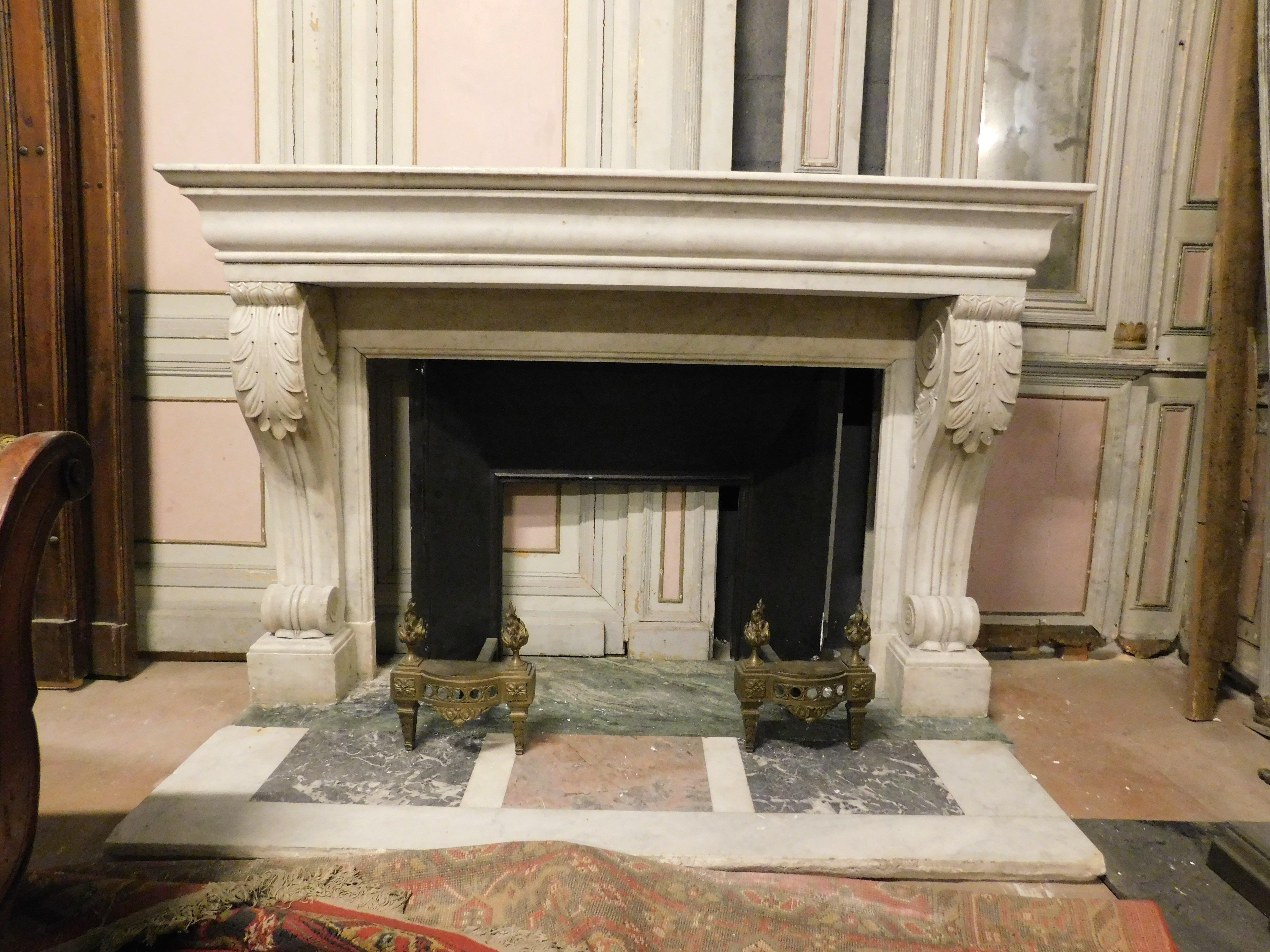 old White Carrara marble mantle fireplace with sculpted legs, France For Sale 10