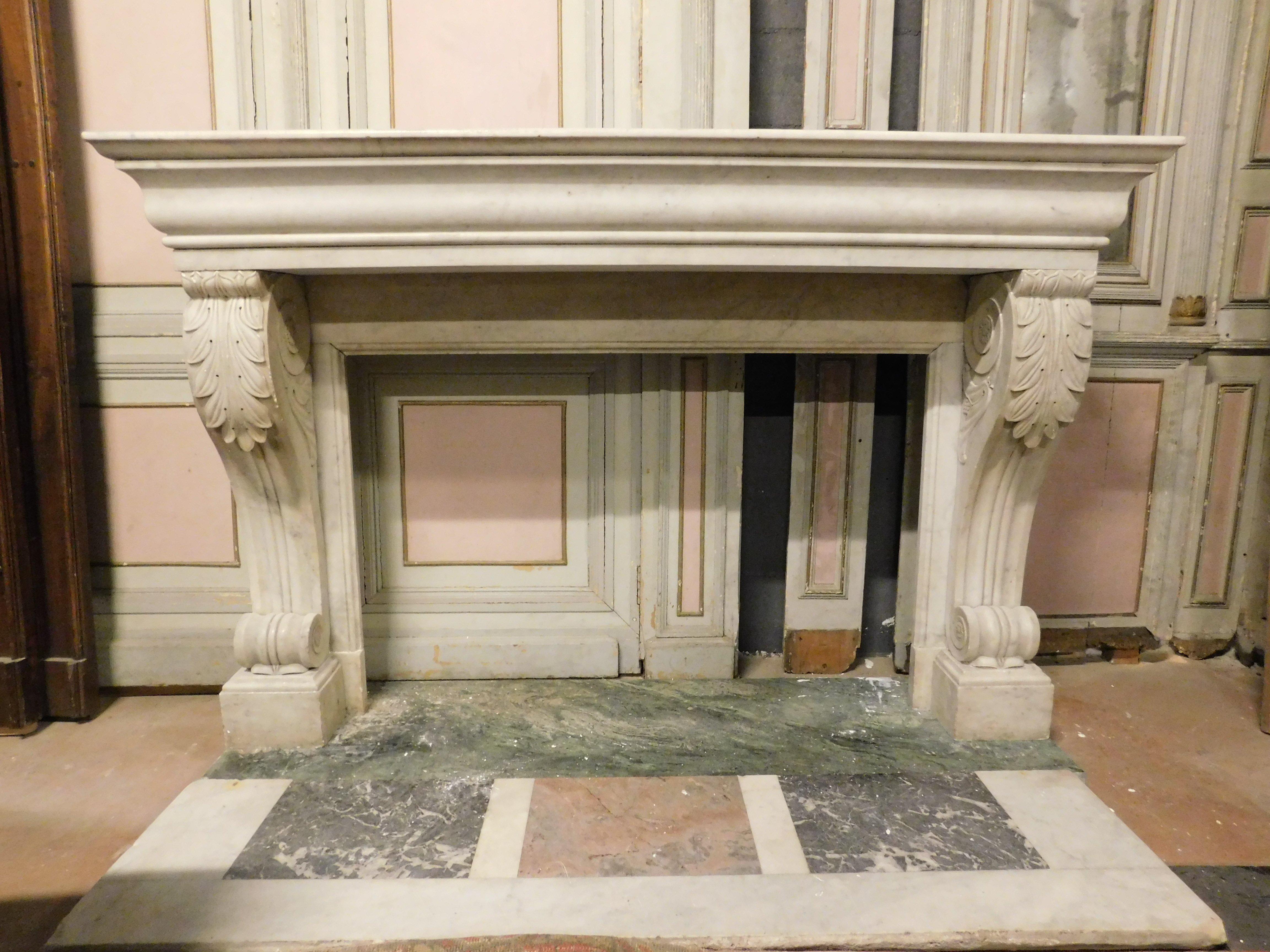 French old White Carrara marble mantle fireplace with sculpted legs, France For Sale