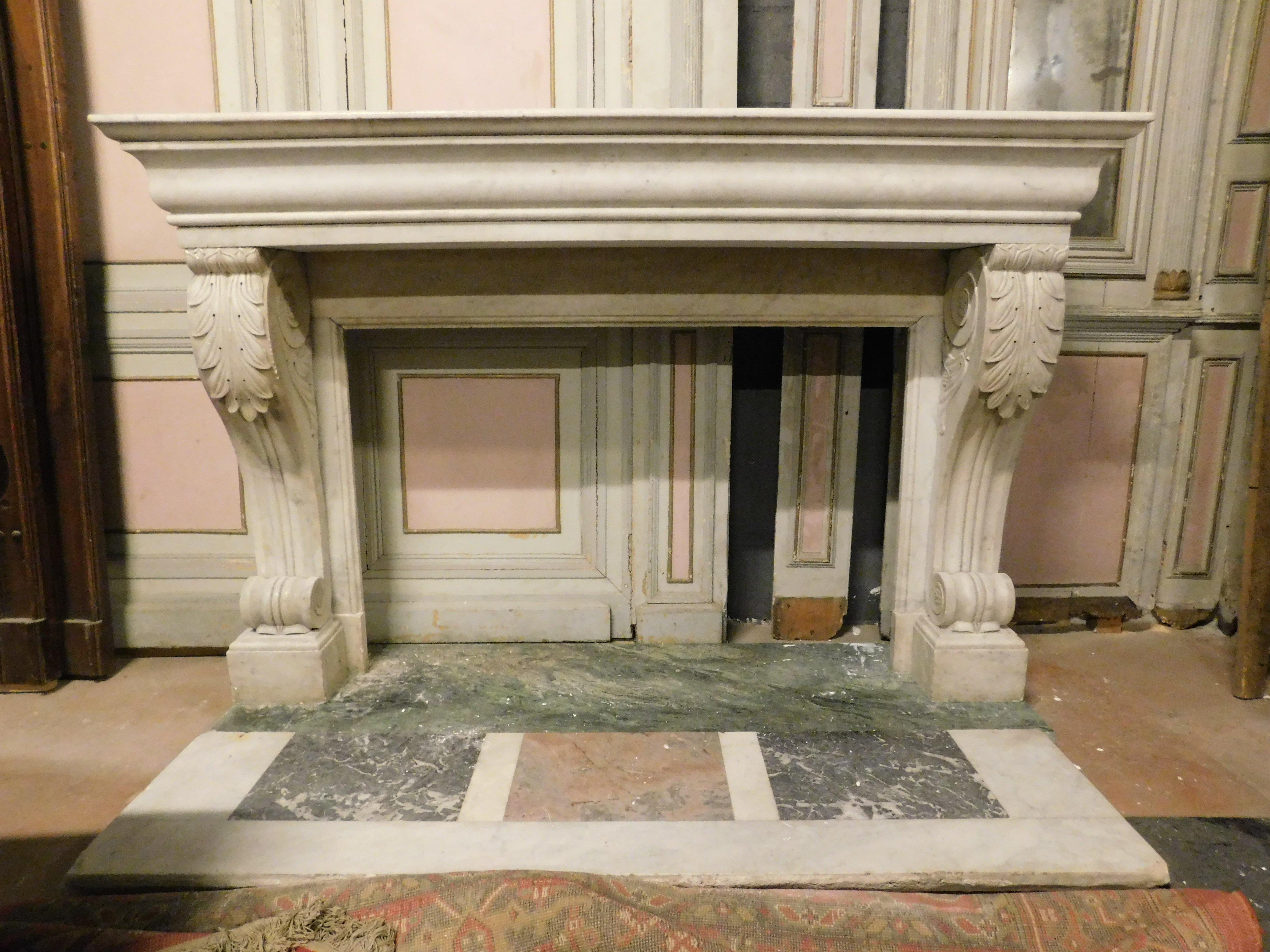 Hand-Carved old White Carrara marble mantle fireplace with sculpted legs, France For Sale