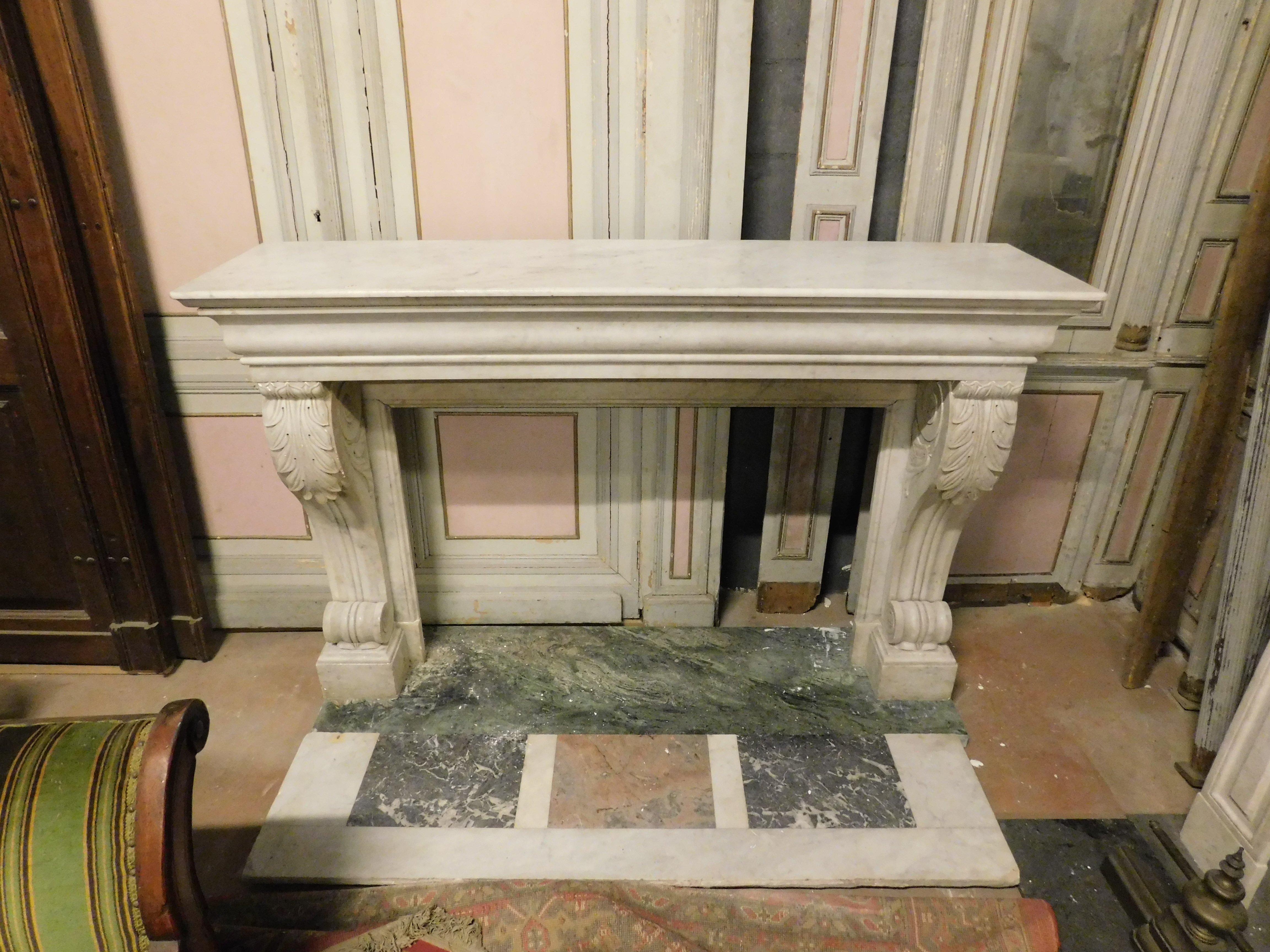 18th Century old White Carrara marble mantle fireplace with sculpted legs, France For Sale
