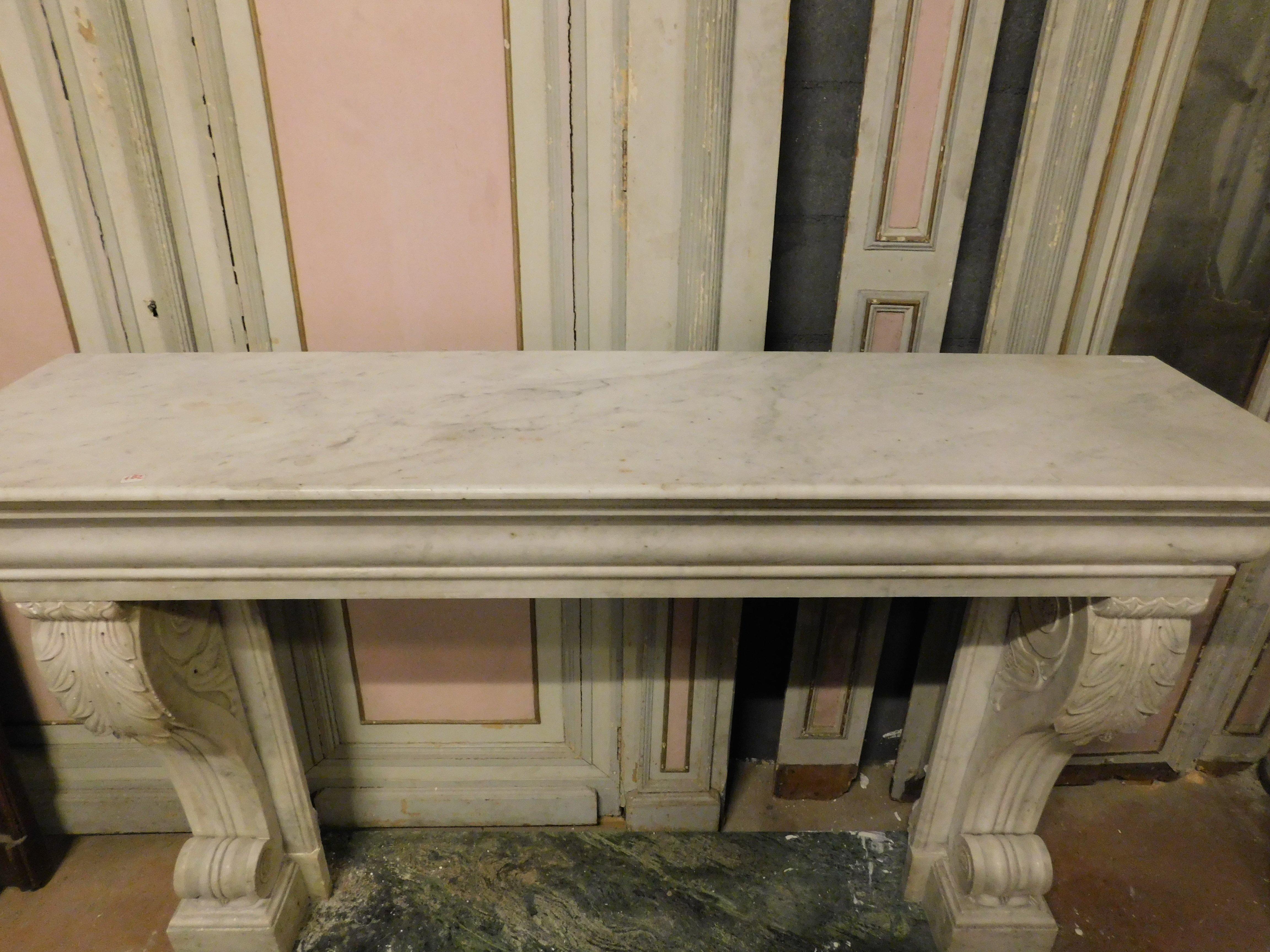 Carrara Marble old White Carrara marble mantle fireplace with sculpted legs, France For Sale