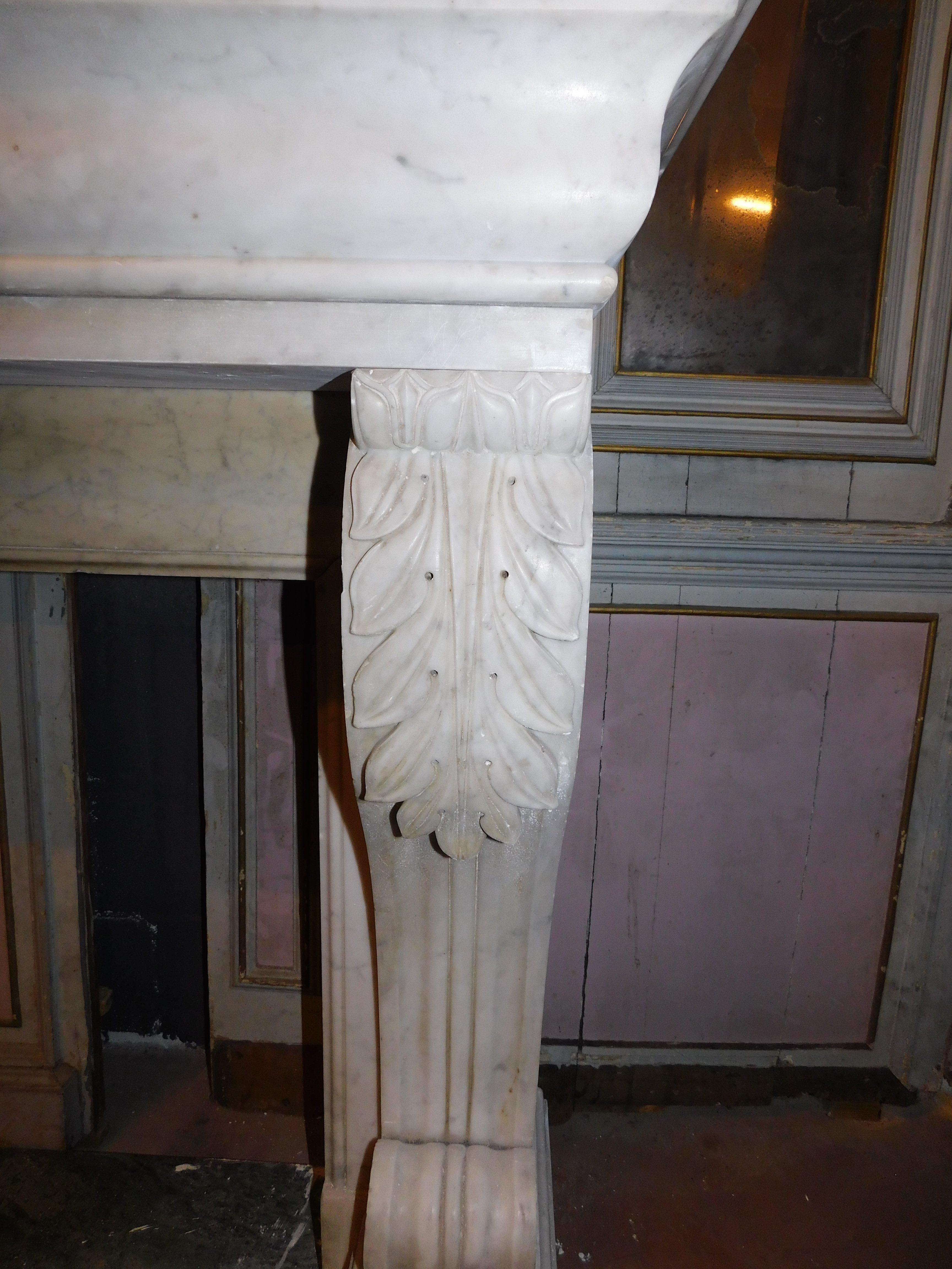 old White Carrara marble mantle fireplace with sculpted legs, France For Sale 2