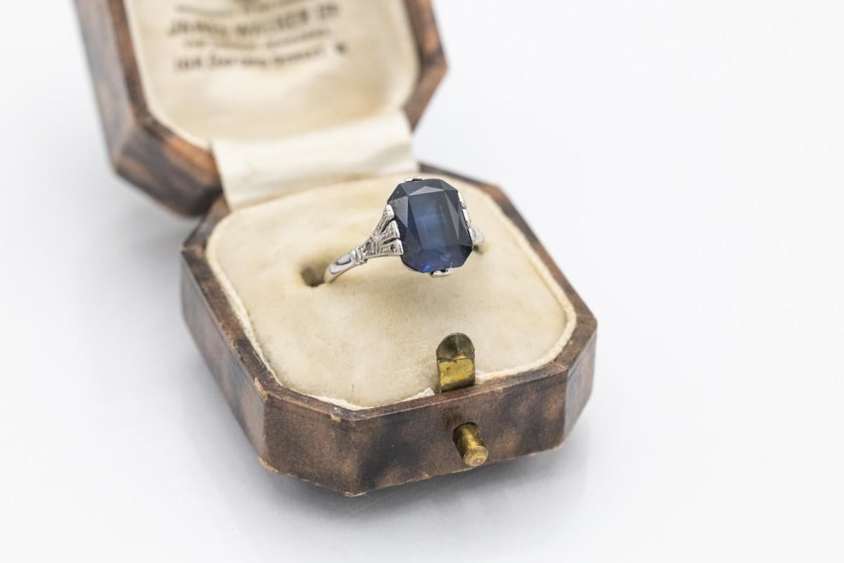 Cushion Cut Old white gold ring with synthetic sapphire, France, mid XX cent.