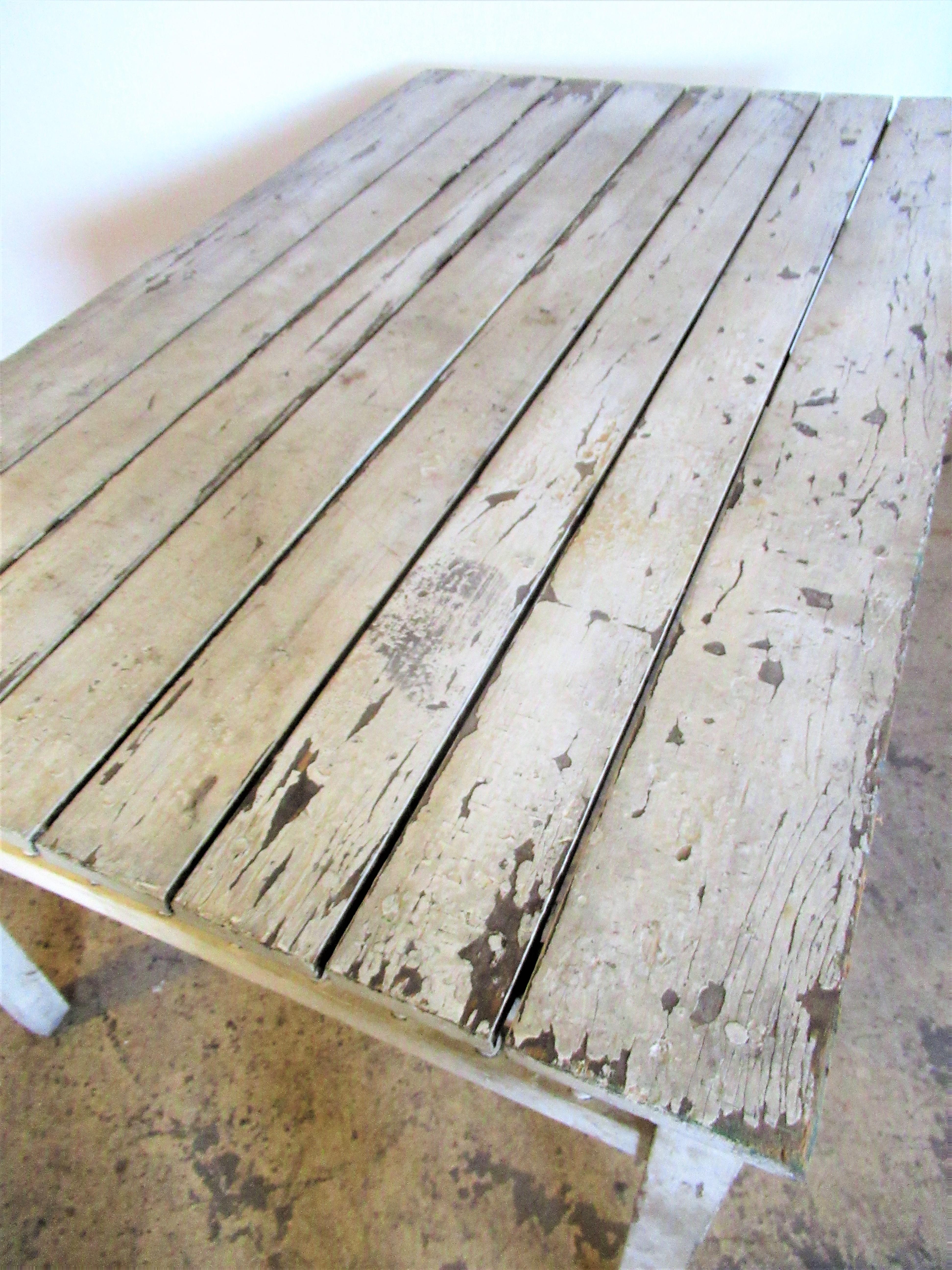 Old White Painted Rustic Country Cottage Dining Table In Good Condition In Rochester, NY