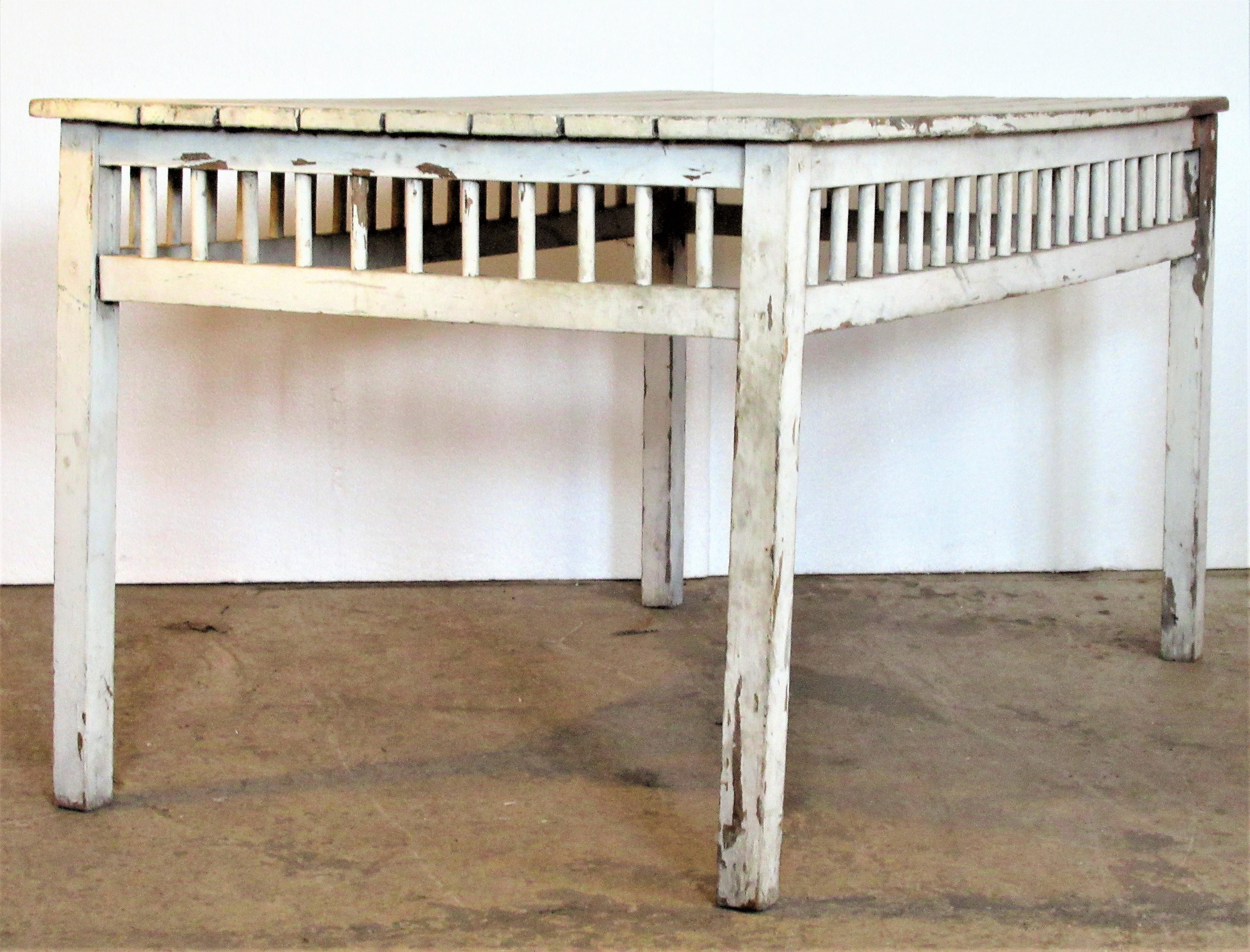 20th Century Old White Painted Rustic Country Cottage Dining Table