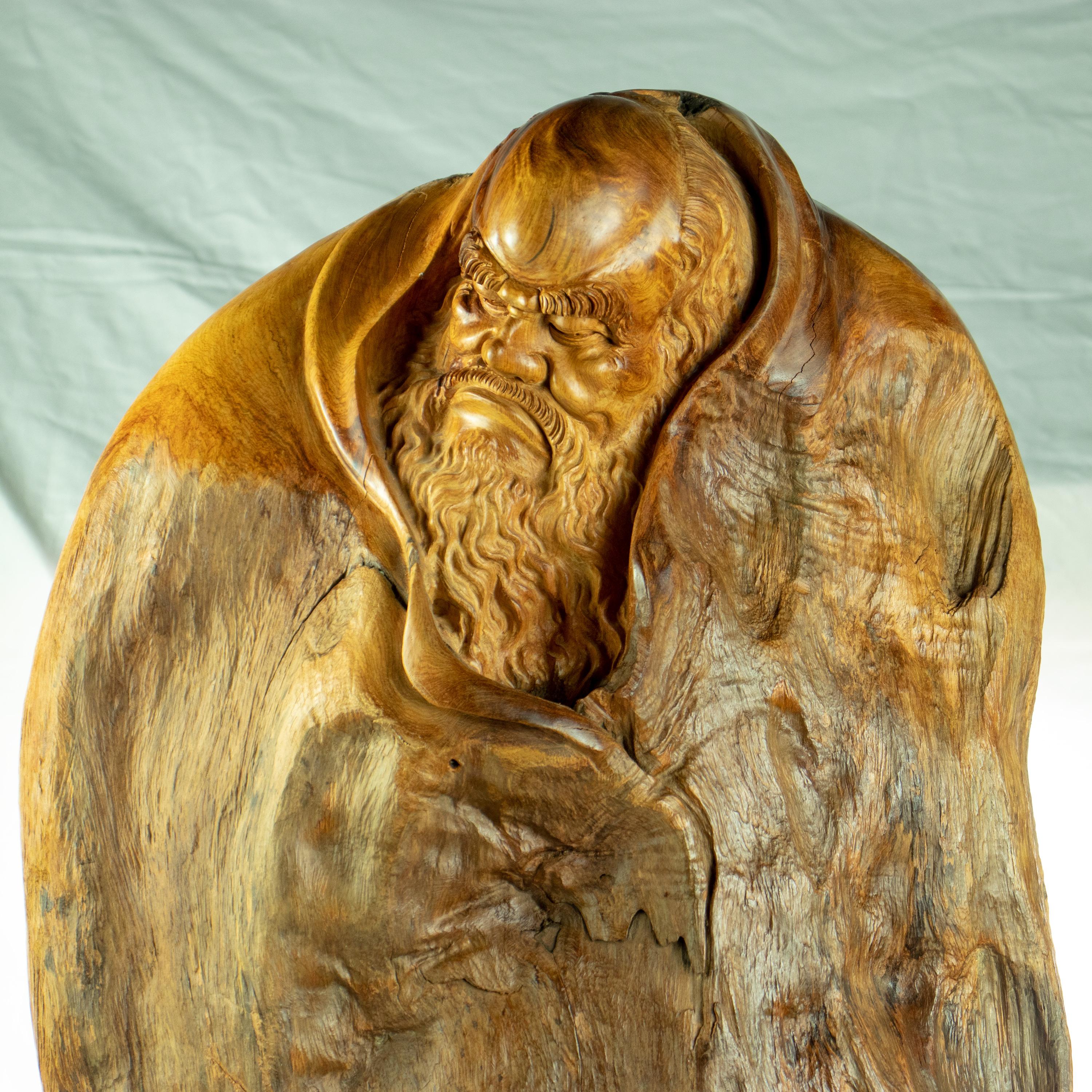 Carved wood Old Wise Man handmade figure. Antique Asian sculpture full of tradition and mysticism created with extreme detail evoking ancient times. Made by fantastic local artists which transform natural materials into unique art works. This