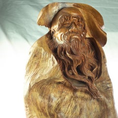 Old Wise Man Antique Handmade Carved Wood Figure Asian Traditional Art Sculpture