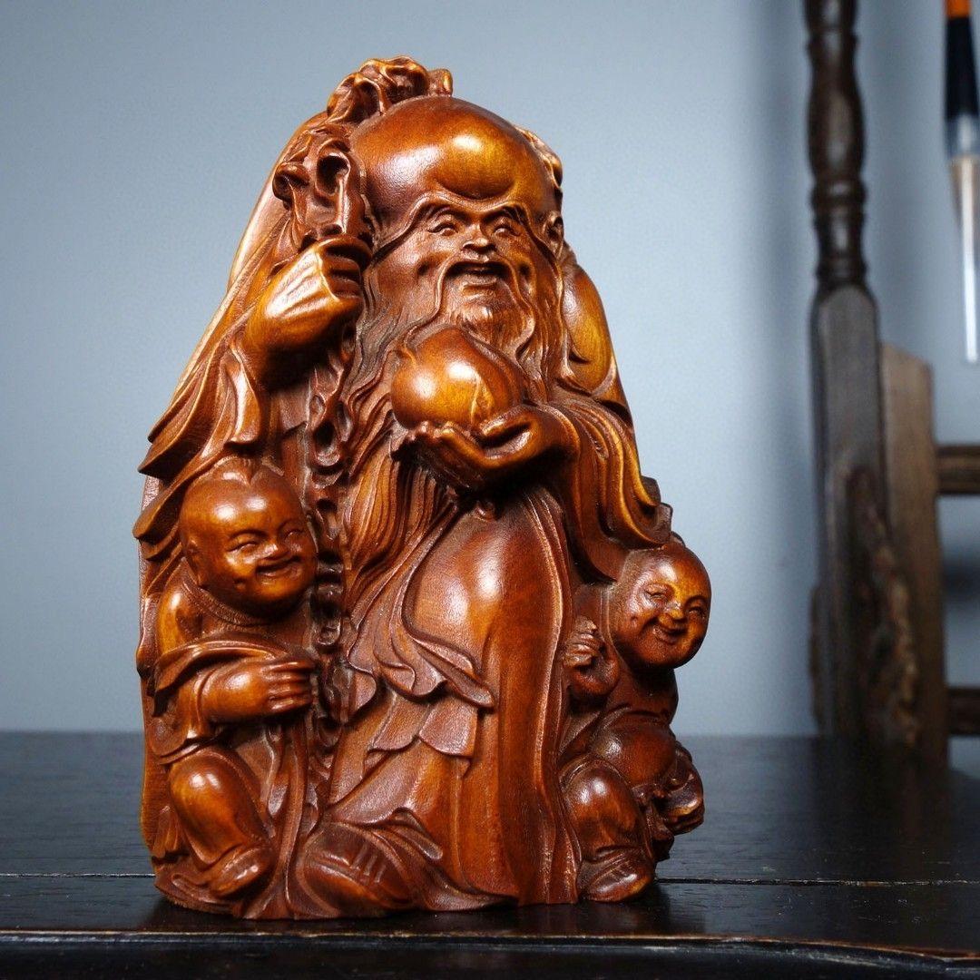 Dios de la Longevidad Tallado en Madera Vieja con Niños Estatua en venta 1