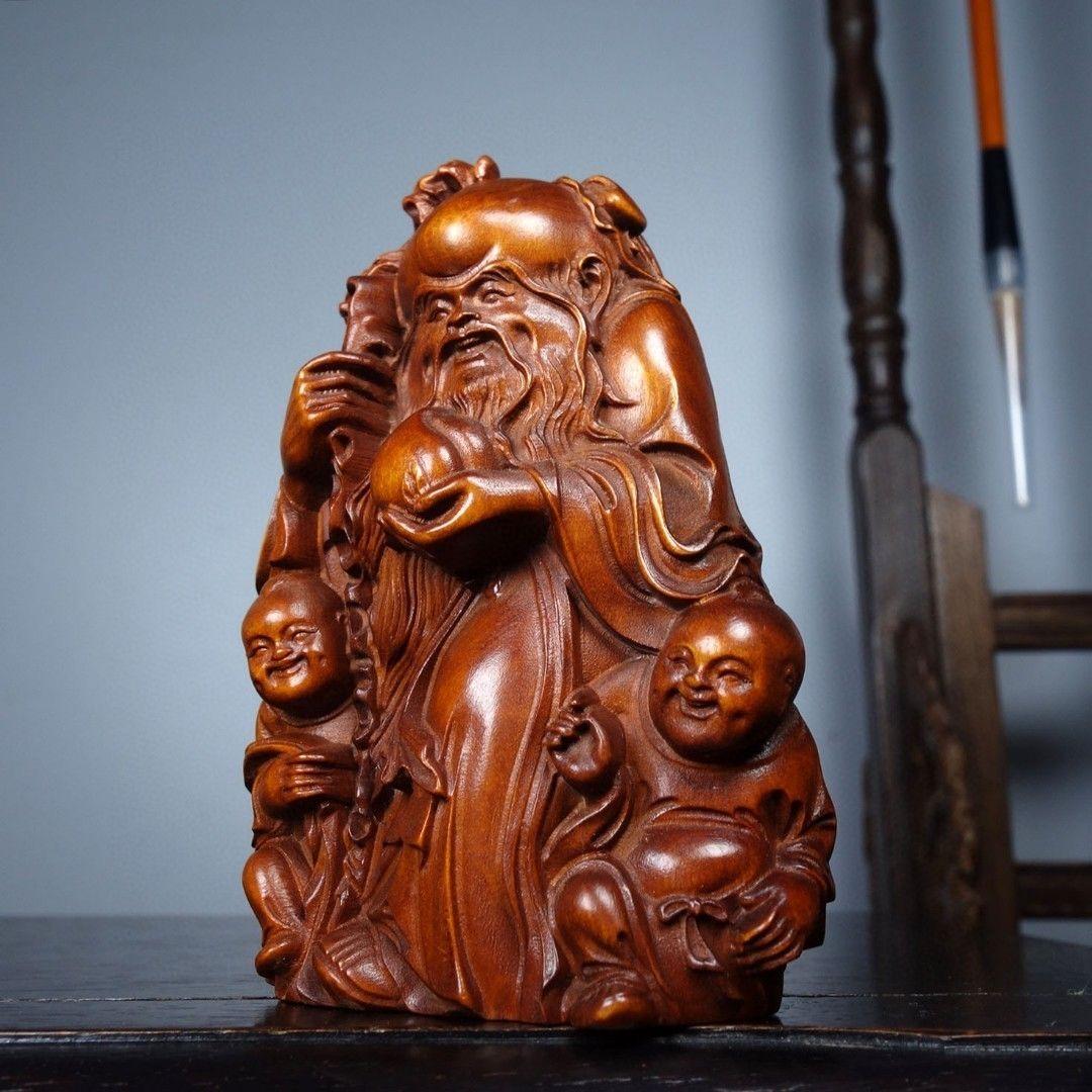 Dios de la Longevidad Tallado en Madera Vieja con Niños Estatua en venta 2