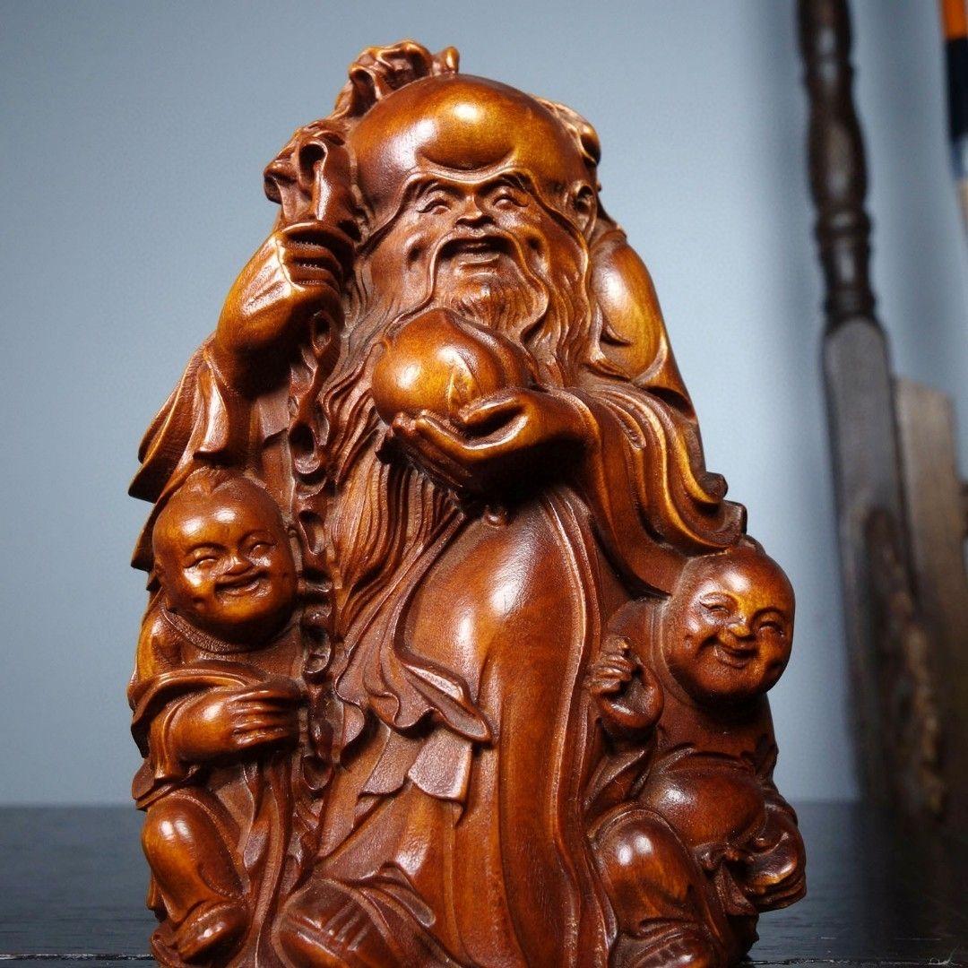 Dios de la Longevidad Tallado en Madera Vieja con Niños Estatua en venta 3