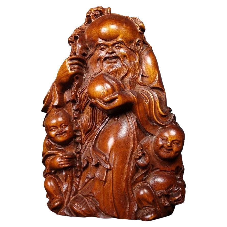 Old Wood Carving Longevity God with Kids Statue