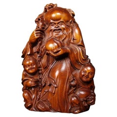 Dios de la Longevidad Tallado en Madera Vieja con Niños Estatua