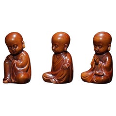 Antique Old Wood Carving Three Asian Little Monks Statues Set 