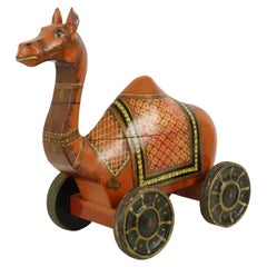 Old Wooden Camel On Wheels Box Trinket Toys