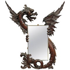 Old Wooden Carved Mystical Dragon Mirror