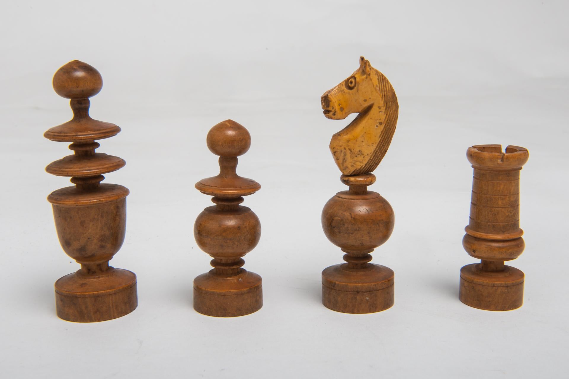 Hand-Carved Old Wooden Chess in a simple Metal Box For Sale