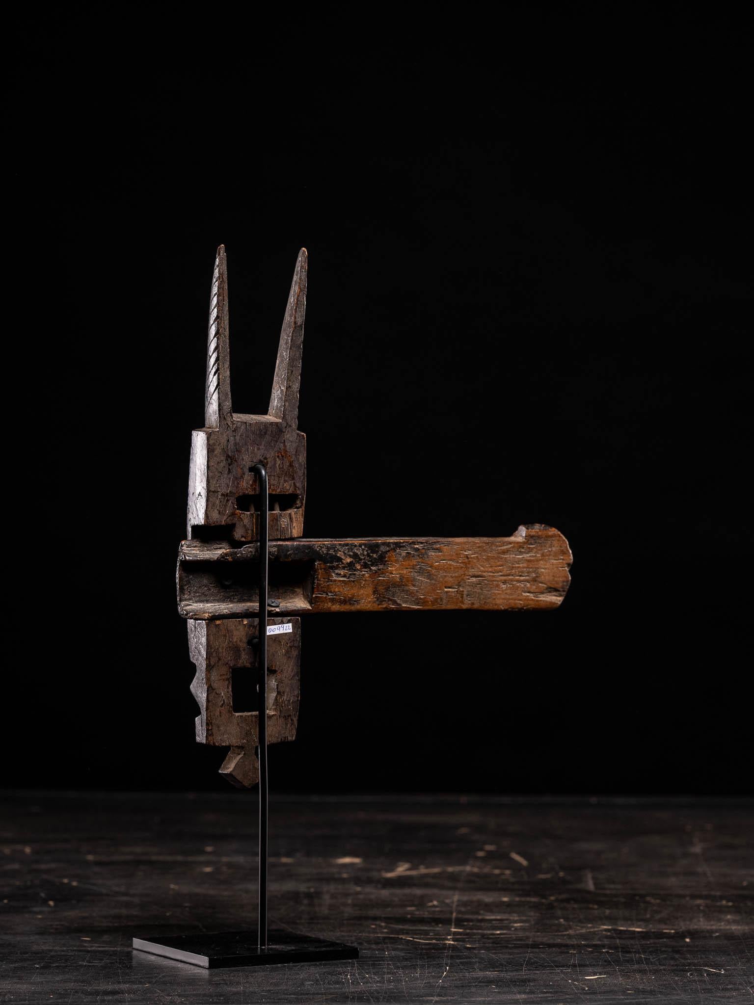 Hand-Crafted Old Wooden Decorative Bamana Storage Room Lock For Sale