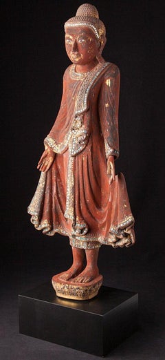 Old wooden Mandalay Buddha statue from Burma - red lacquered - Original Buddhas