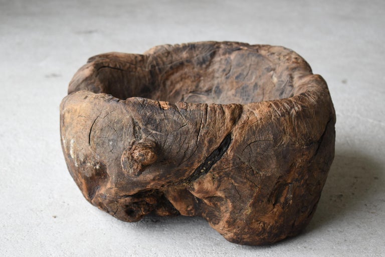 Old Wooden Mortar One Knife Carving/Antique Primitive Bowl Mingei Folk Art For Sale 9