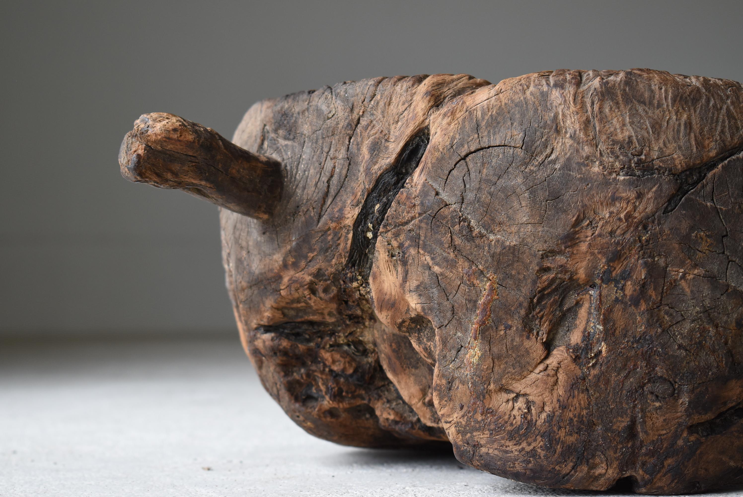 Old Wooden Mortar One Knife Carving/Antique Primitive Bowl Mingei Folk Art For Sale 9