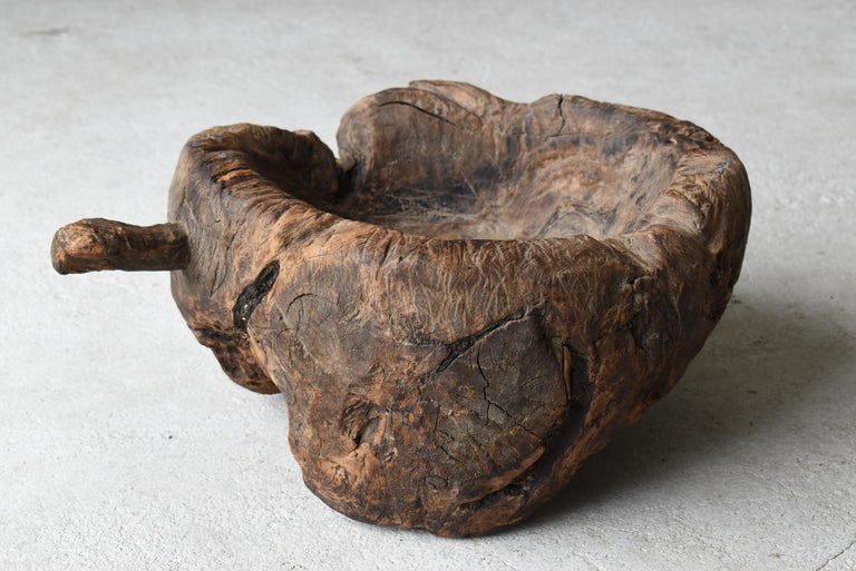 Teak Old Wooden Mortar One Knife Carving/Antique Primitive Bowl Mingei Folk Art For Sale