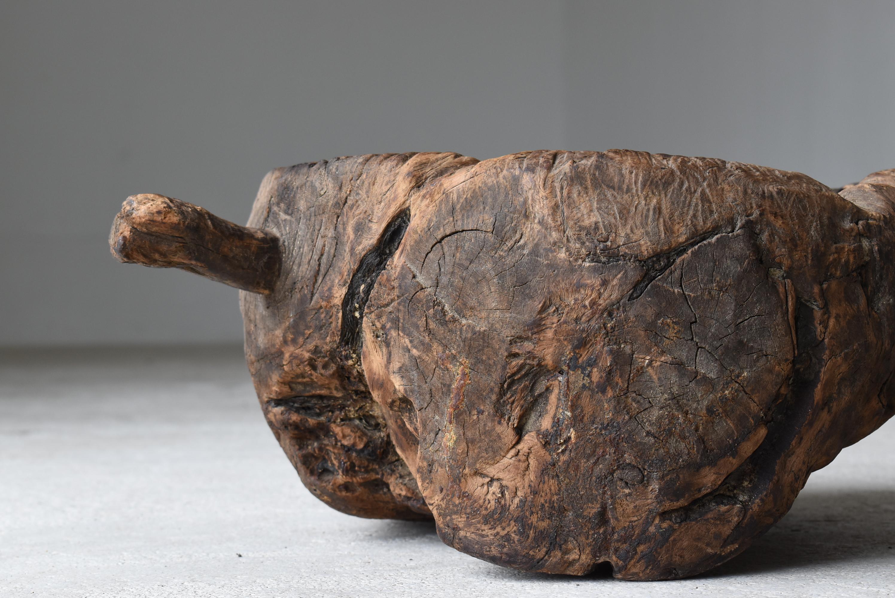 Teak Old Wooden Mortar One Knife Carving/Antique Primitive Bowl Mingei Folk Art For Sale