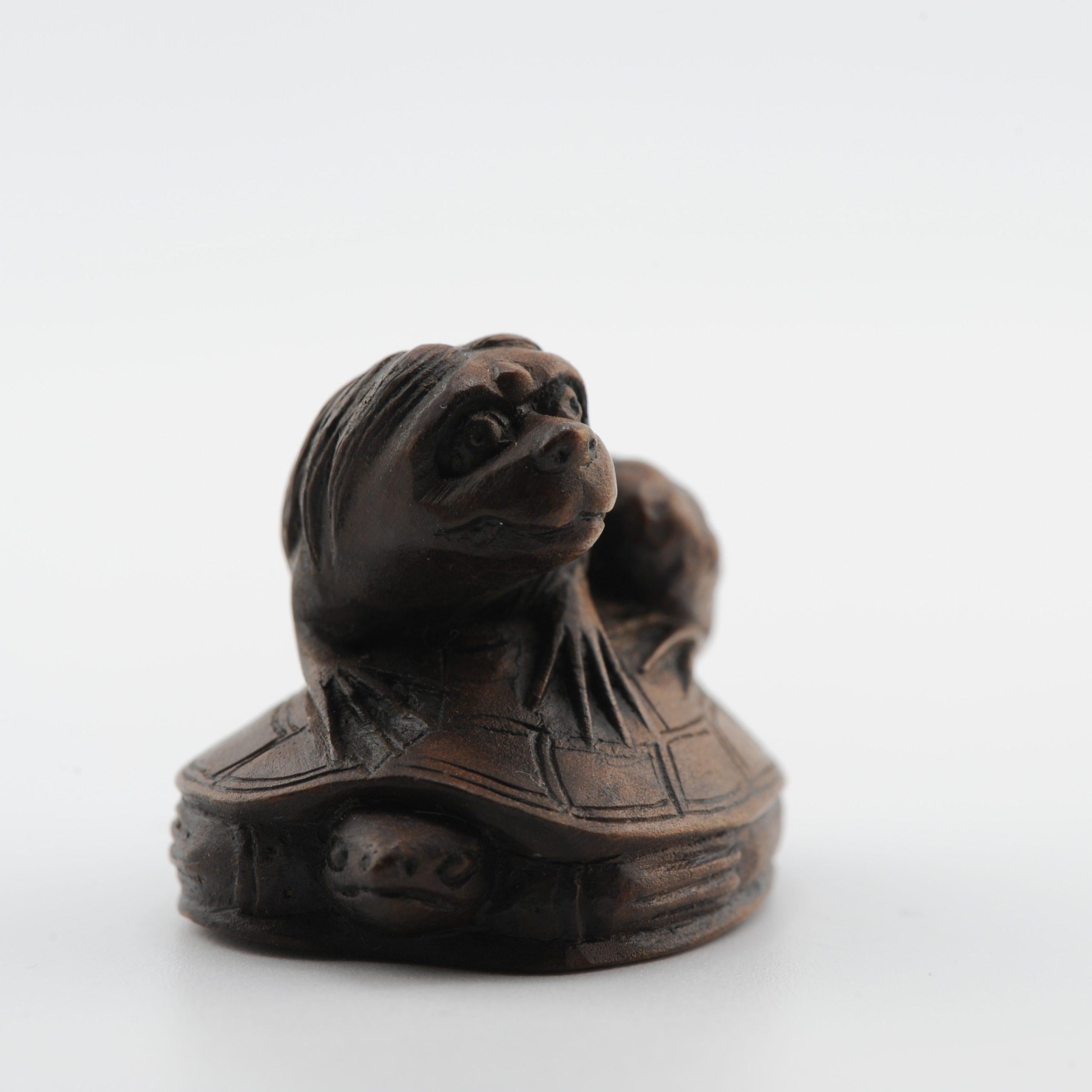Old Wooden Netsuke 19/20th C Japanese Japan Animal on Turtle Meiji Period For Sale 5