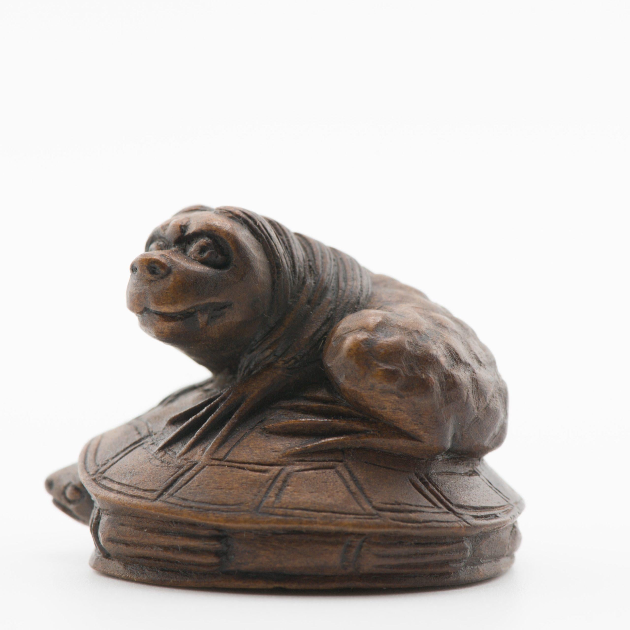 Old Wooden Netsuke 19/20th C Japanese Japan Animal on Turtle Meiji Period For Sale 6