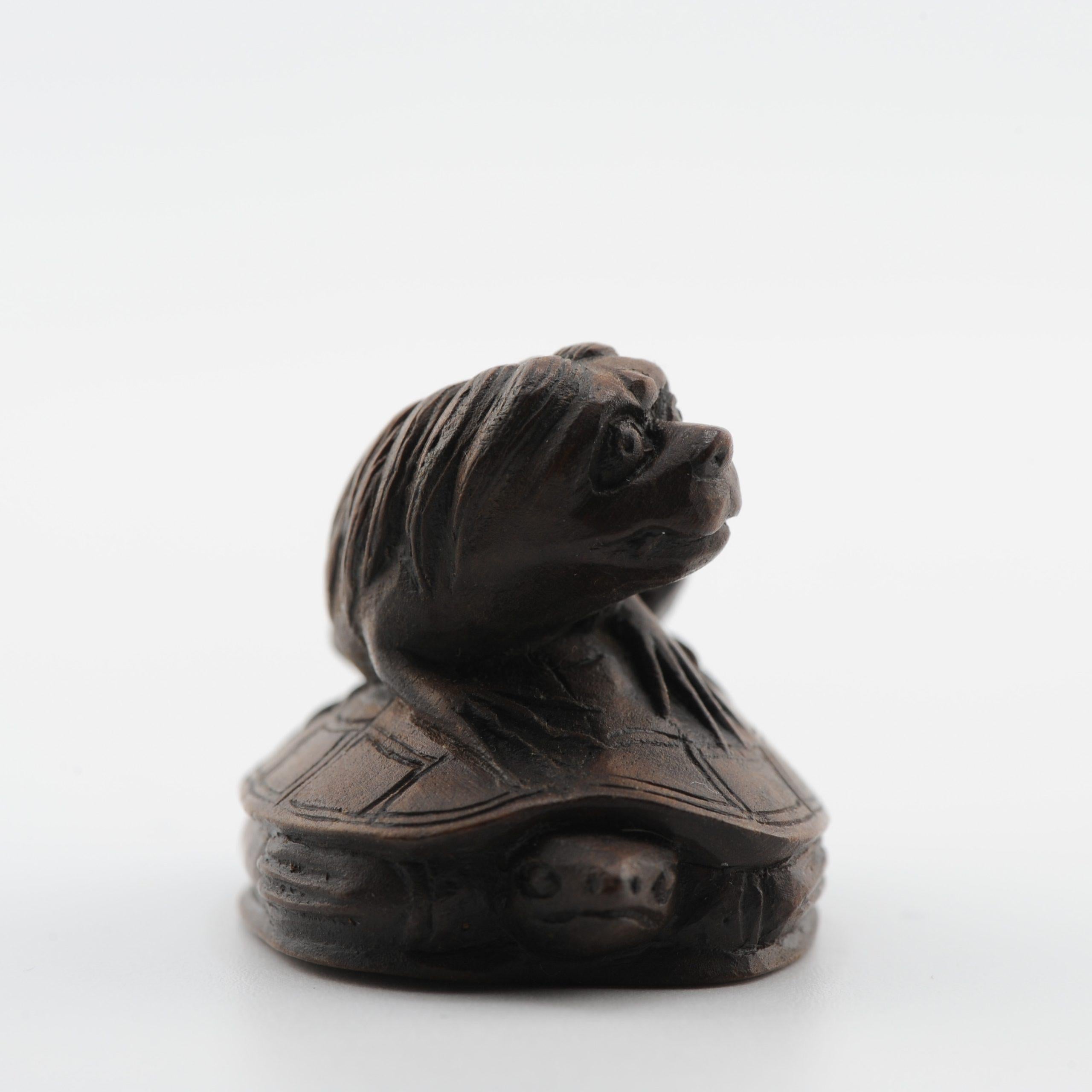Old Wooden Netsuke 19/20th C Japanese Japan Animal on Turtle Meiji Period For Sale 7