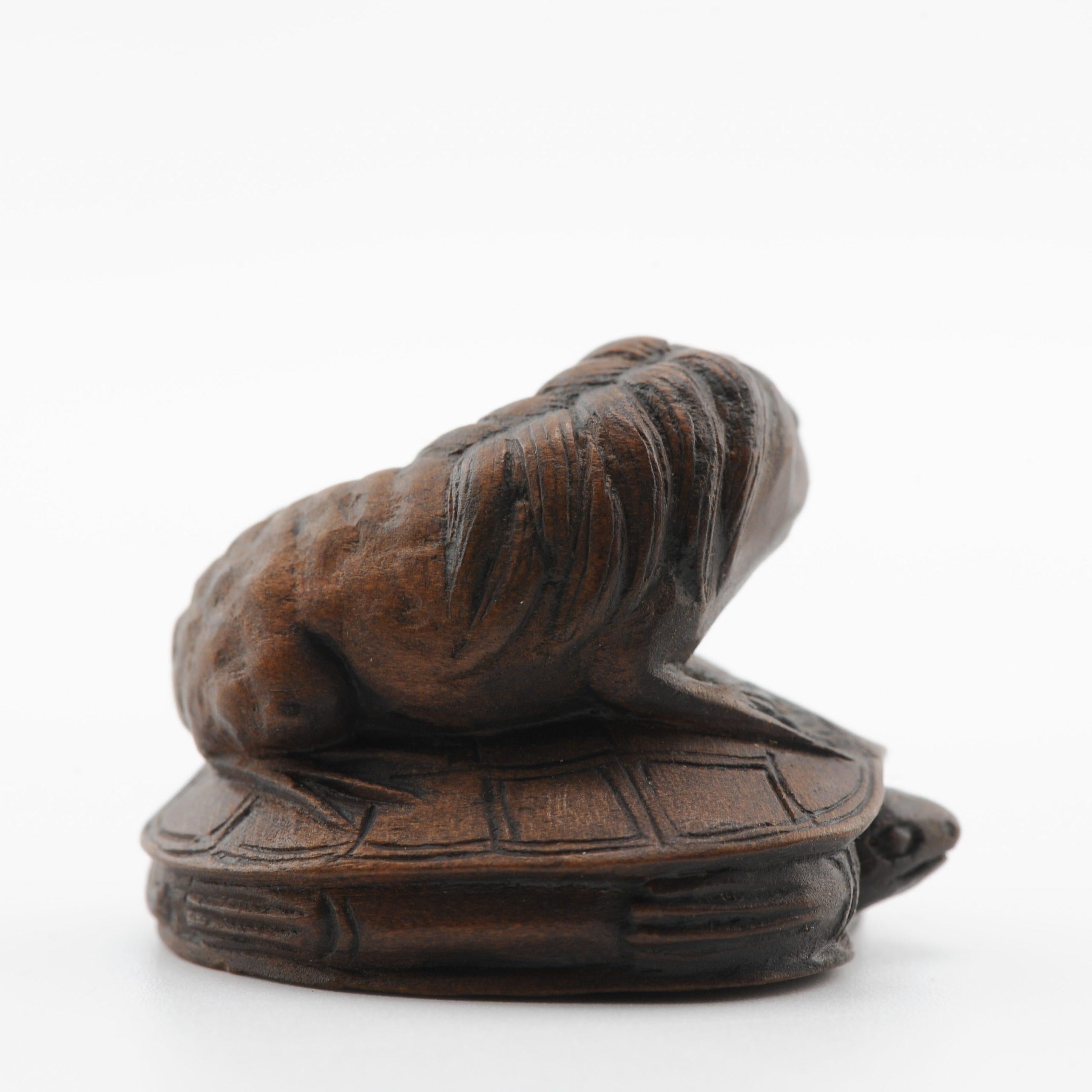 Old Wooden Netsuke 19/20th C Japanese Japan Animal on Turtle Meiji Period For Sale 9