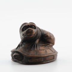 Old Wooden Netsuke 19/20th C Japanese Japan Animal on Turtle Meiji Period