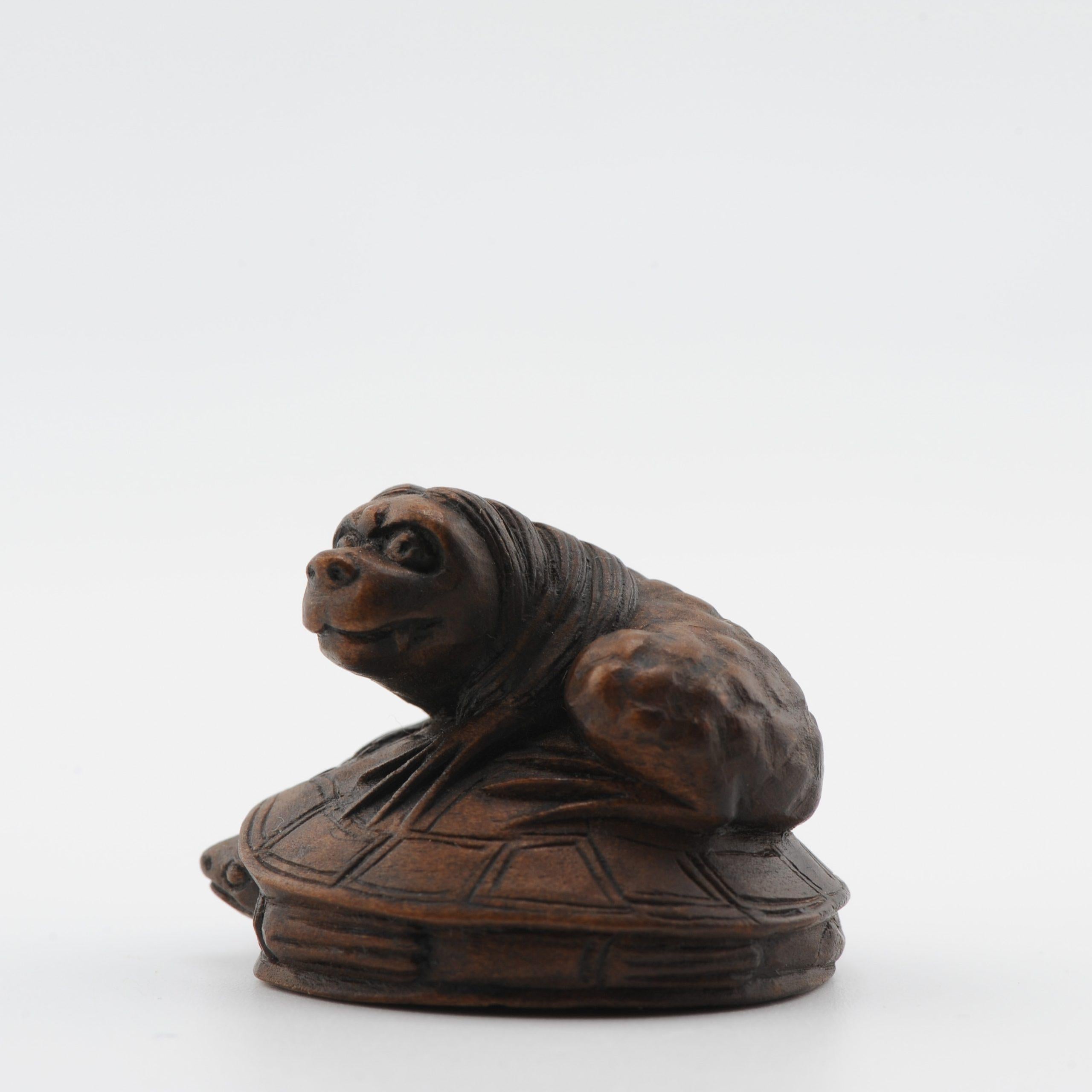 Old Wooden Netsuke 19/20th C Japanese Japan Animal on Turtle Meiji Period For Sale 1