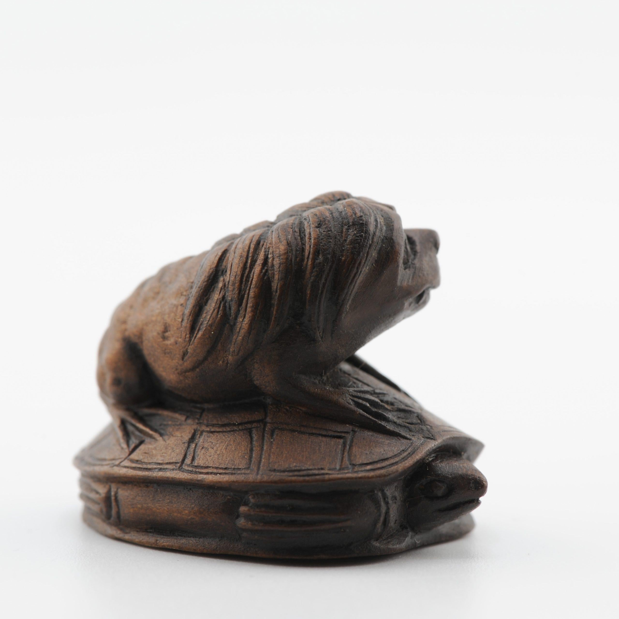 Old Wooden Netsuke 19/20th C Japanese Japan Animal on Turtle Meiji Period For Sale 3