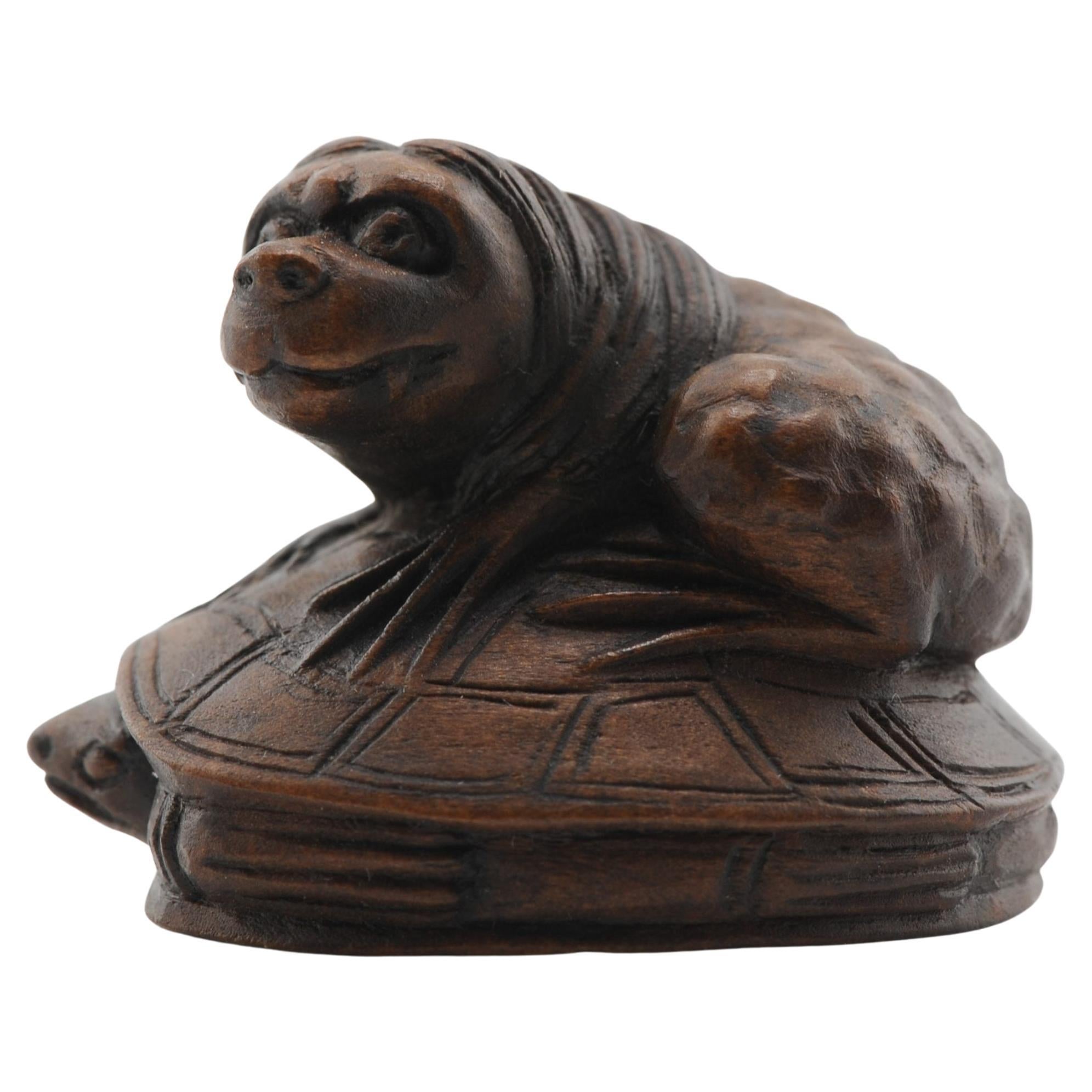 Old Wooden Netsuke 19/20th C Japanese Japan Animal on Turtle Meiji Period For Sale