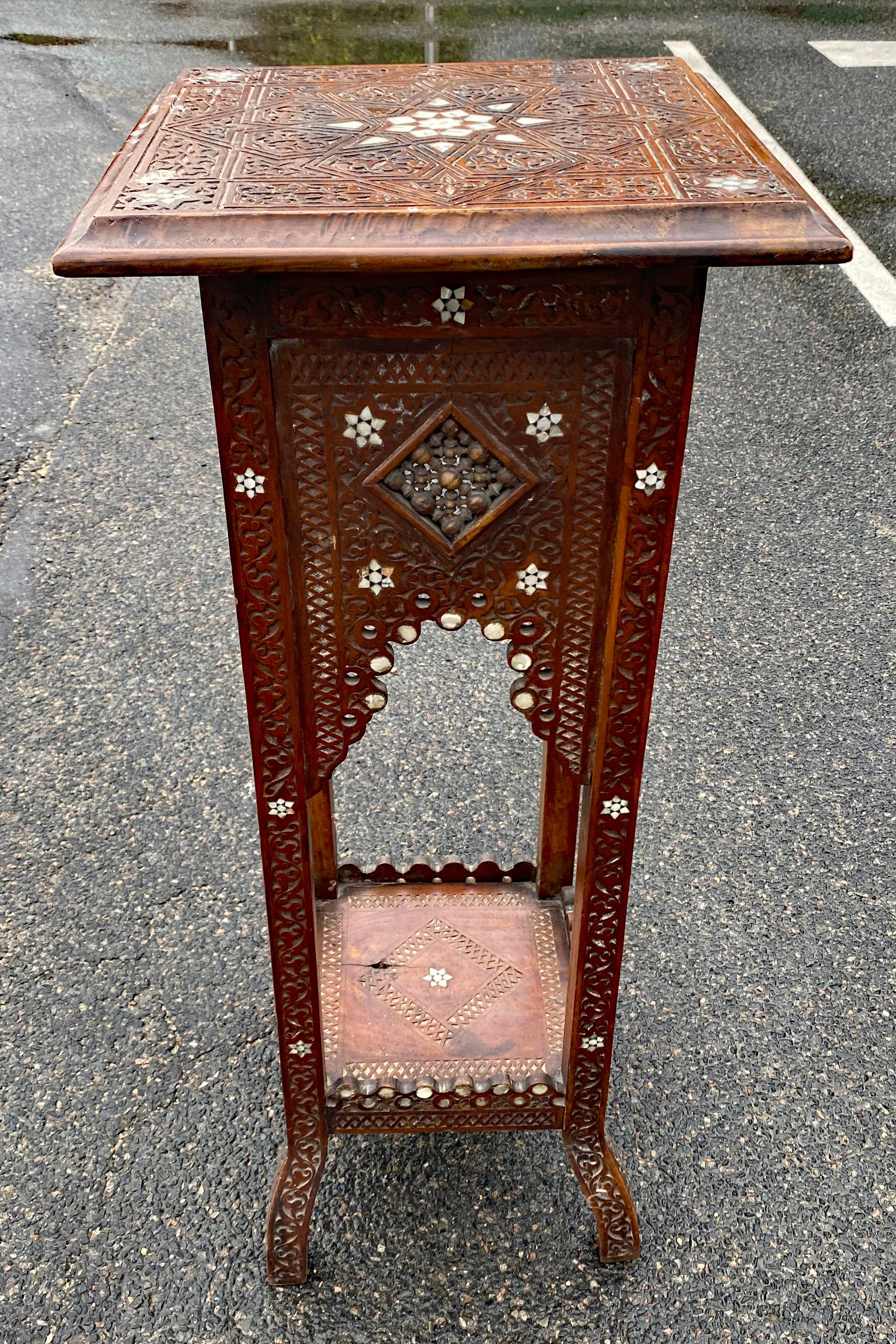 Old wooden pedestal with bone and mother-of-pearl incrustation, oriental work  For Sale 8