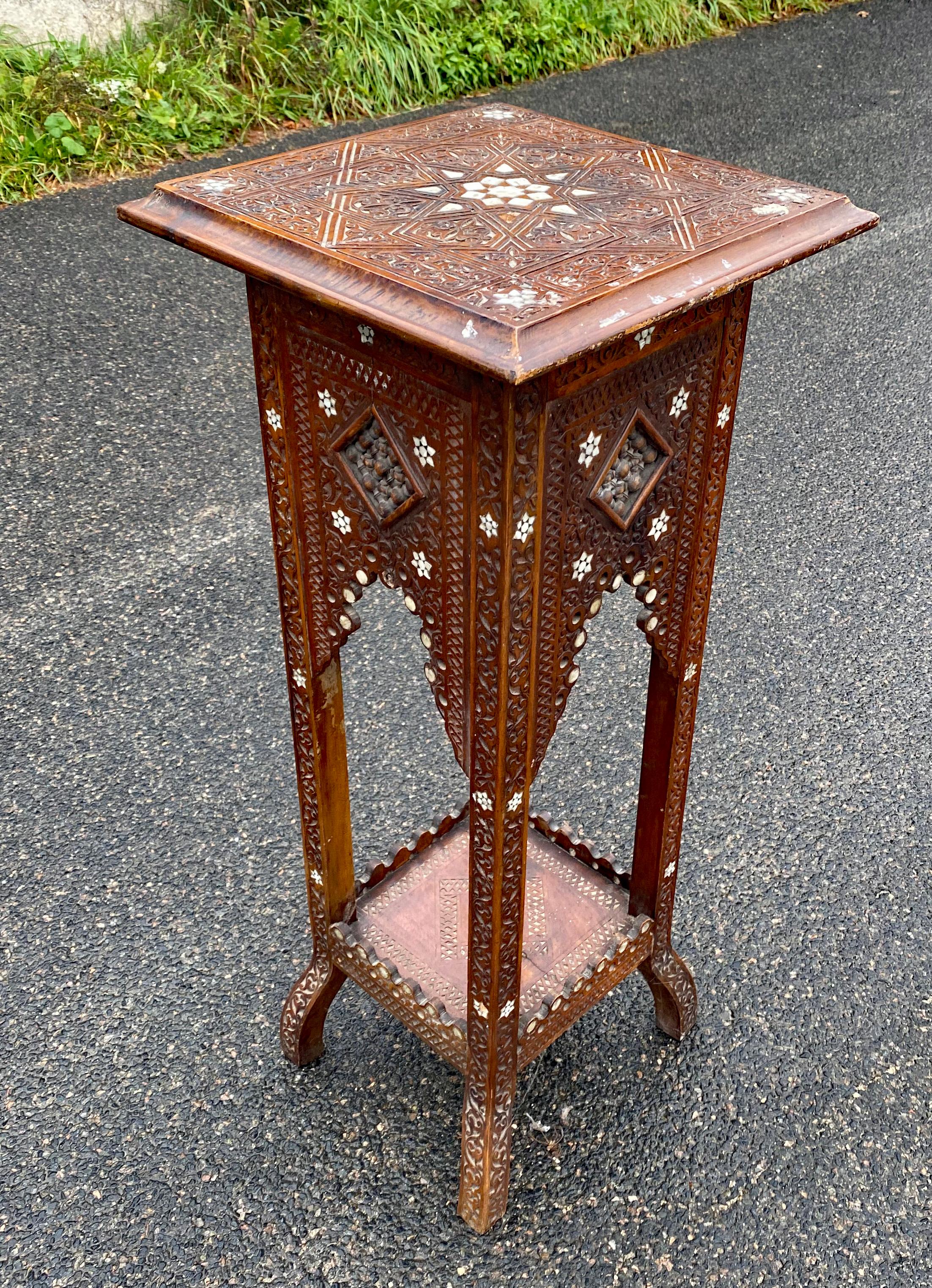 Islamic Old wooden pedestal with bone and mother-of-pearl incrustation, oriental work  For Sale