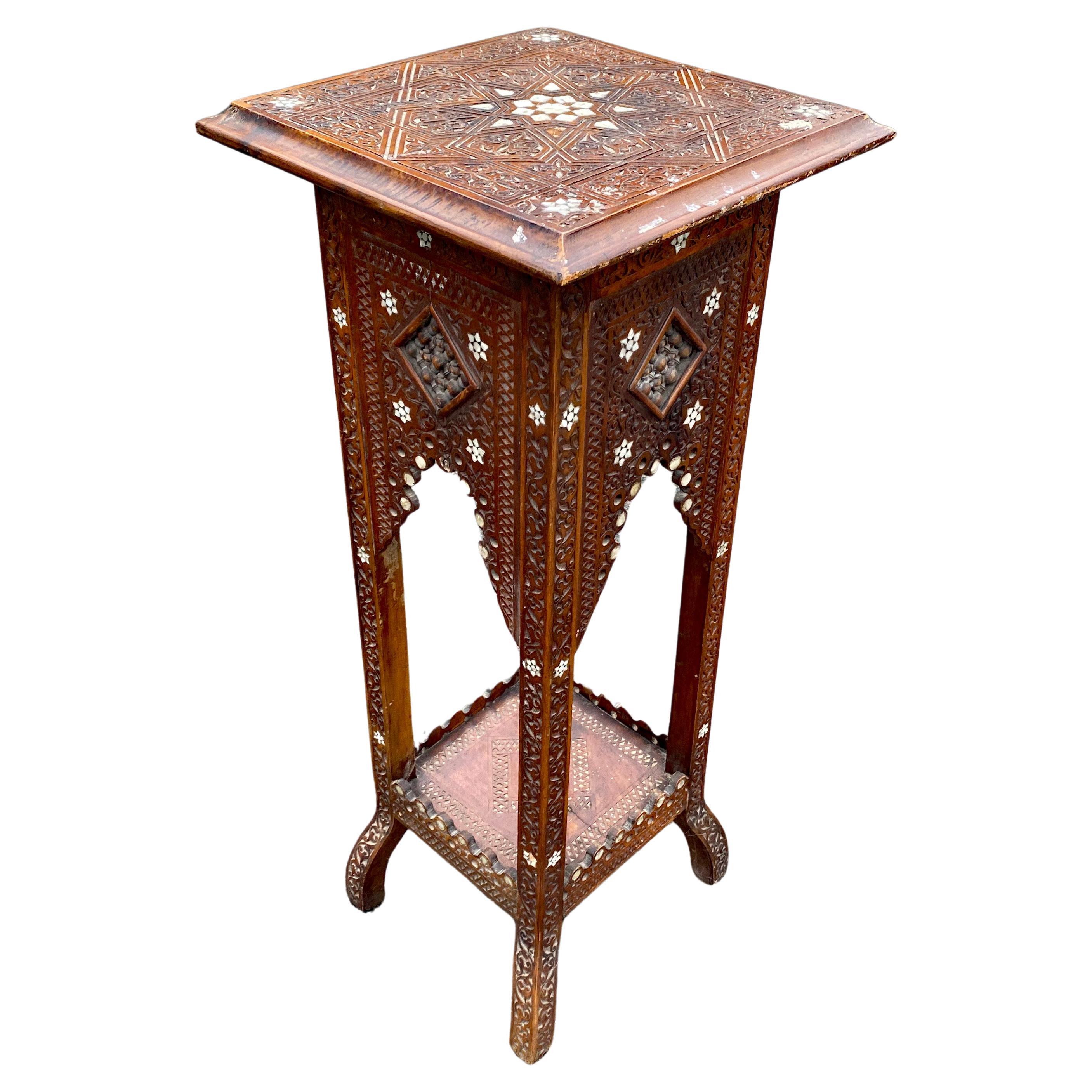 Old wooden pedestal with bone and mother-of-pearl incrustation, oriental work  For Sale