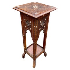 Antique Old wooden pedestal with bone and mother-of-pearl incrustation, oriental work 