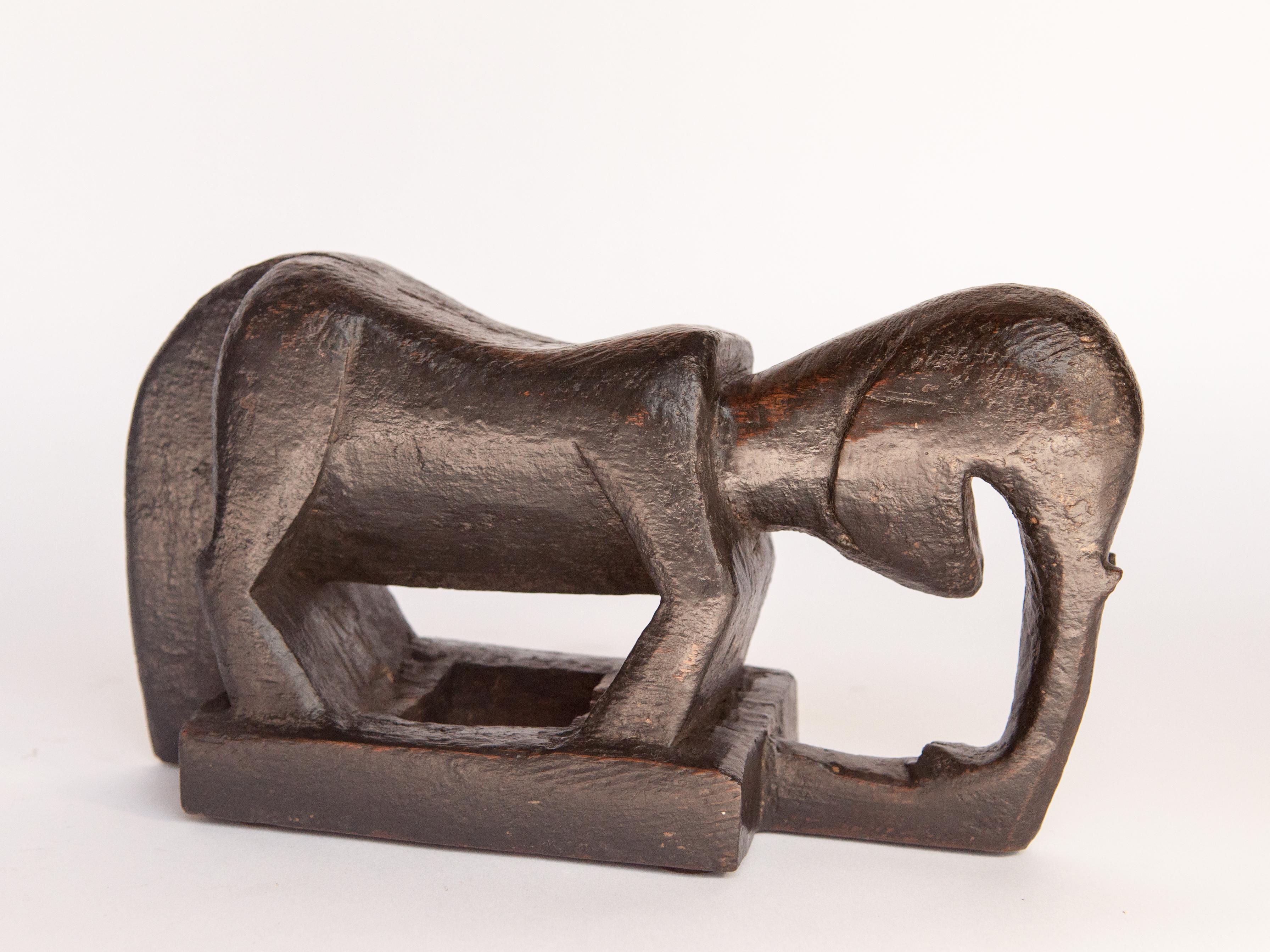 Hand-Carved Old Wooden Staff Carving, Stylized Elephant Motif, Tharu Nepal, Mid-20th Century