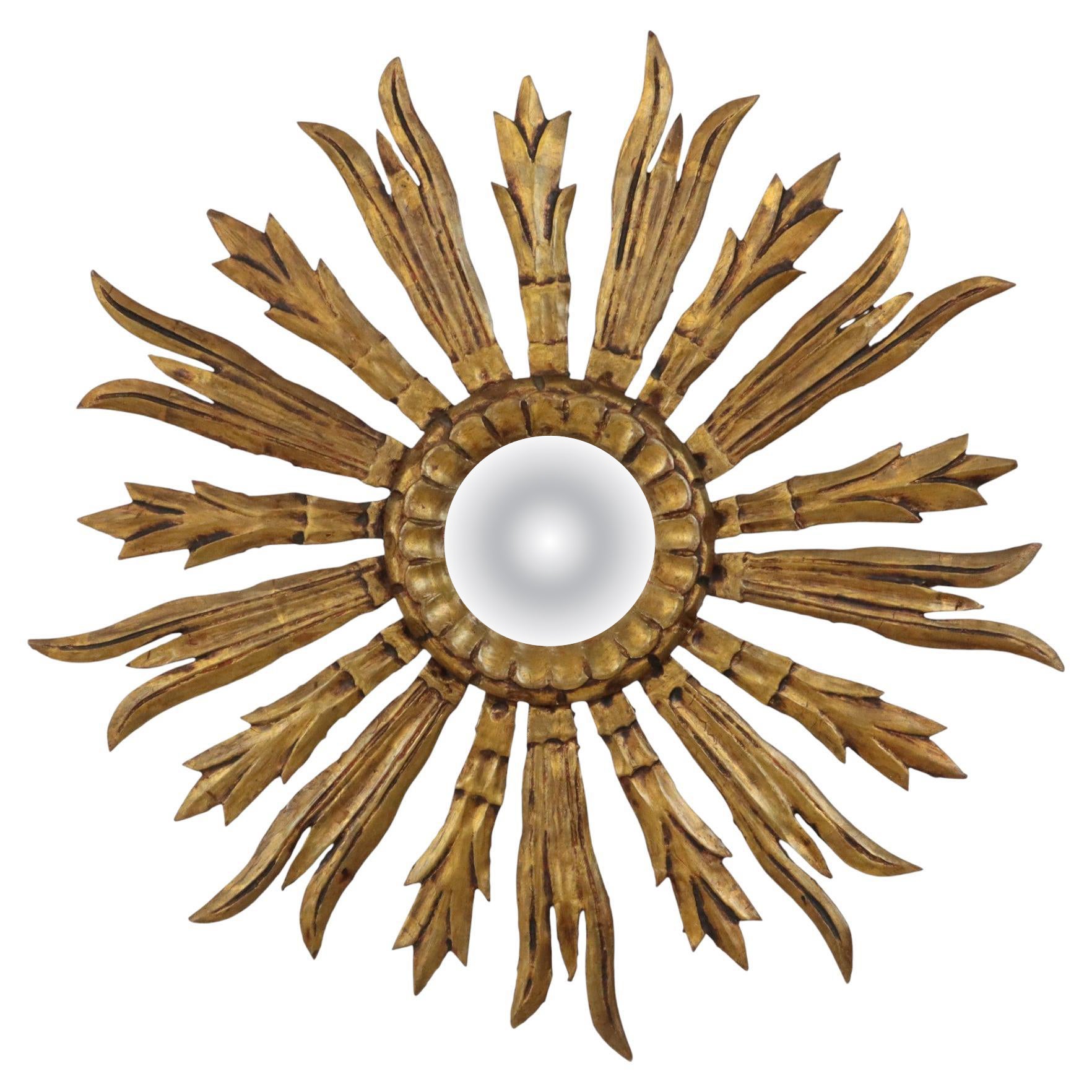 Old Wooden Sun Mirror Sunburst Mirror Gold Fifties 70cm