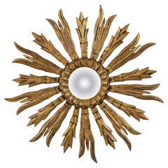 Old Wooden Sun Mirror Sunburst Mirror Gold Fifties 70cm