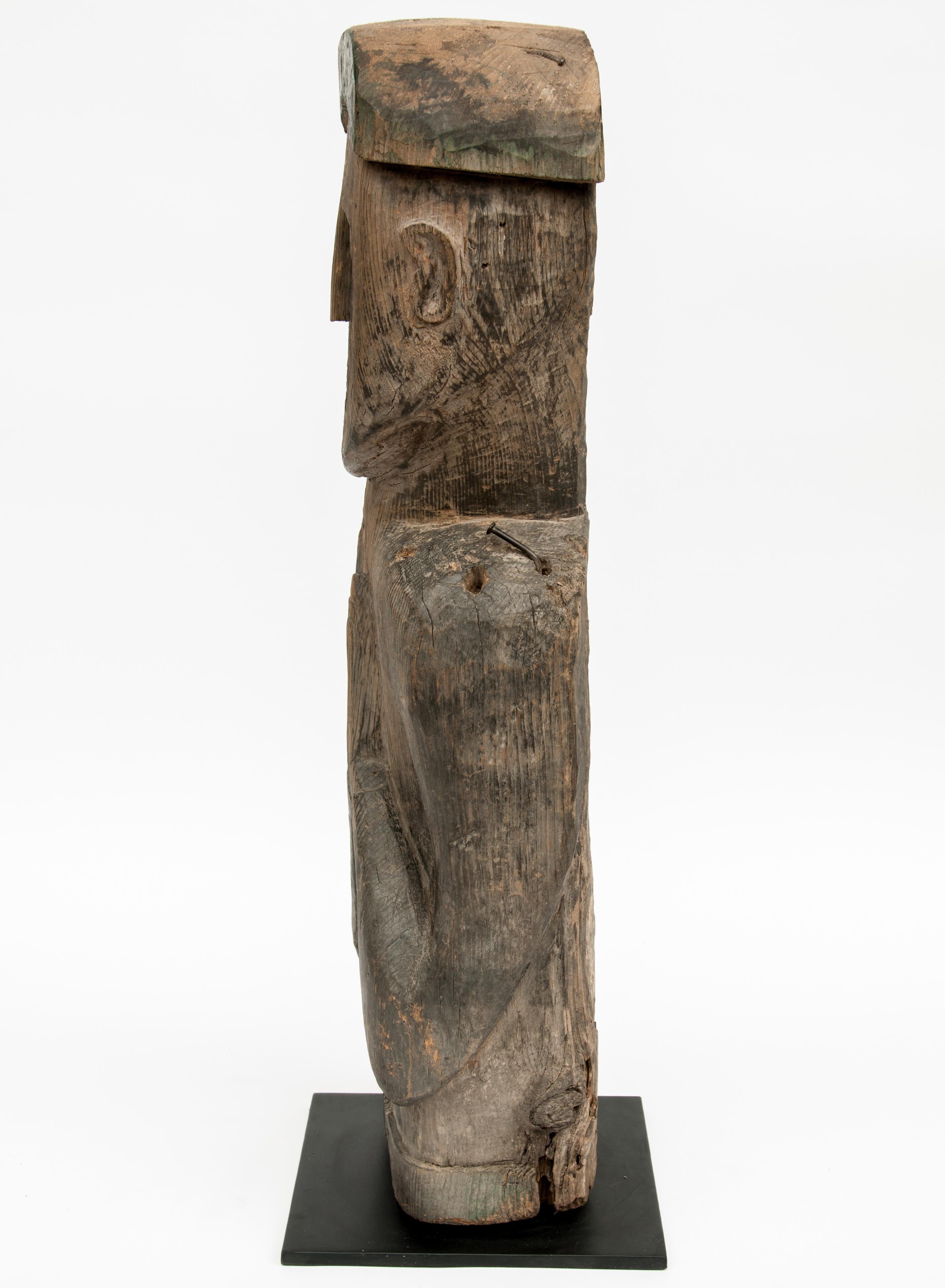 Old Wooden Tribal Statue from West Nepal, Mid-20th Century, Steel Plate Base 4